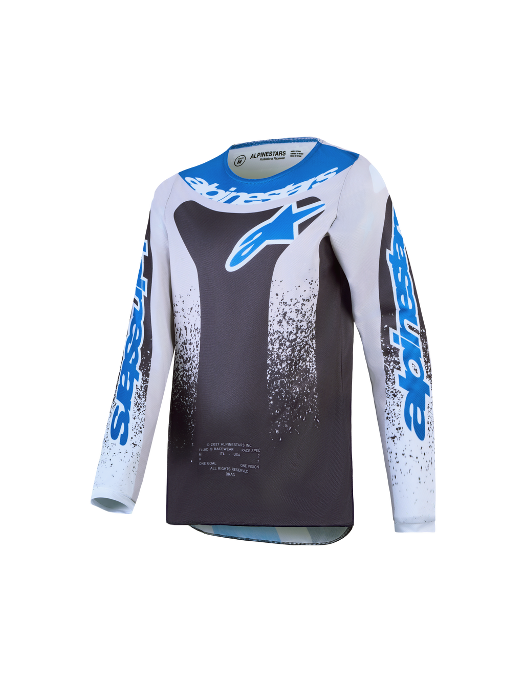 Alpinestars Koszulka Fluid Drag Młodzieżowe 2027, szara i niebieska koszulka motocrossowa z lekkiej i oddychającej polifabryki.