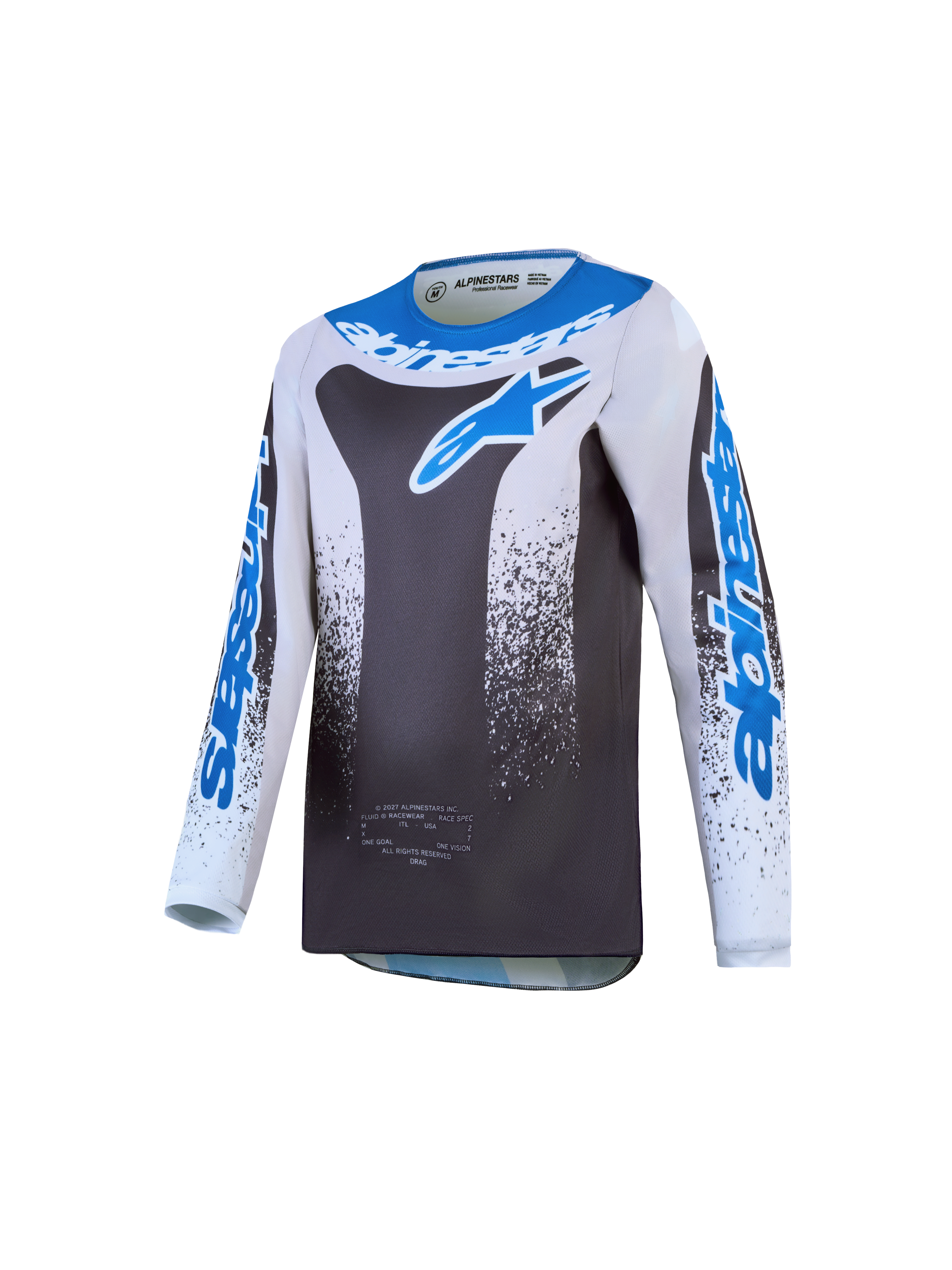 Alpinestars Koszulka Fluid Drag Młodzieżowe 2027, szara i niebieska koszulka motocrossowa z lekkiej i oddychającej polifabryki.