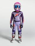 Alpinestars młodzieżowy zestaw Fluid Hunt, fioletowy i jasnofioletowy zestaw do motocrossu, różowy kask i białe buty.