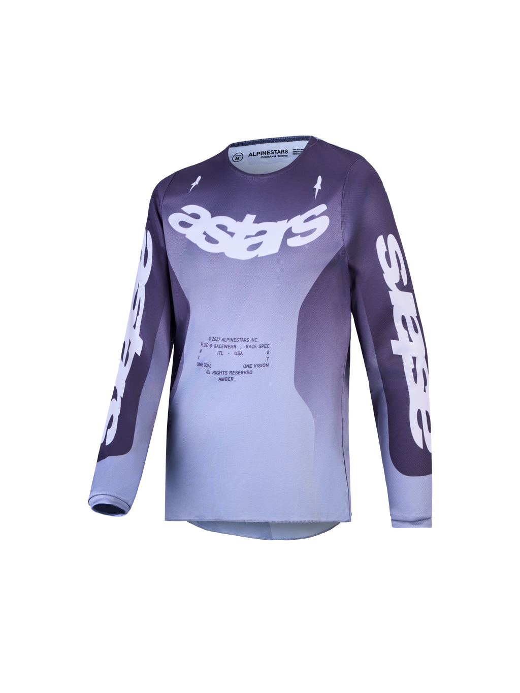 Alpinestars Youth Fluid Amber, koszulka motocrossowa młodzieżowa, fioletowo-szary gradient, logo Astars, design off-road.