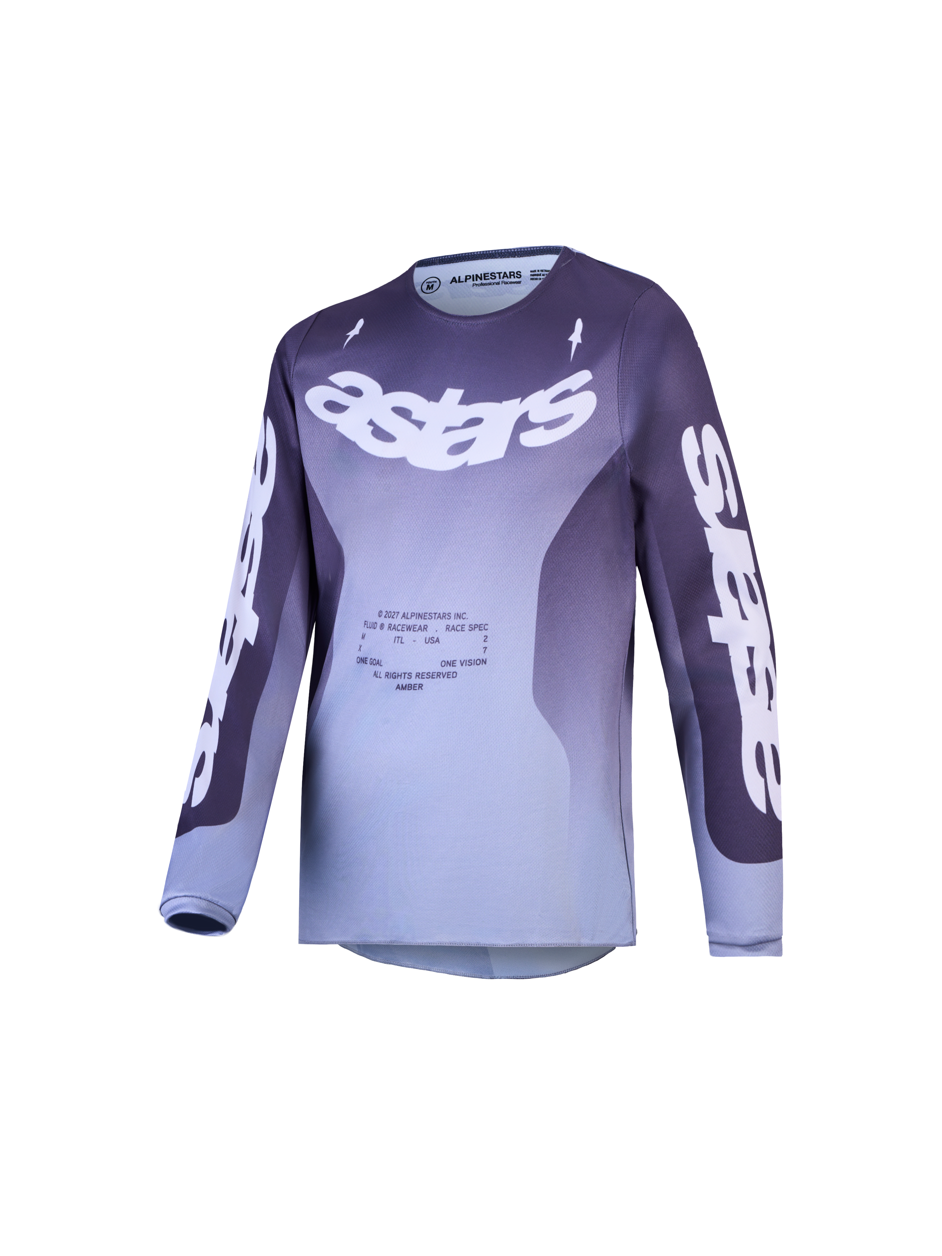 Alpinestars Youth Fluid Amber, koszulka motocrossowa młodzieżowa, fioletowo-szary gradient, logo Astars, design off-road.