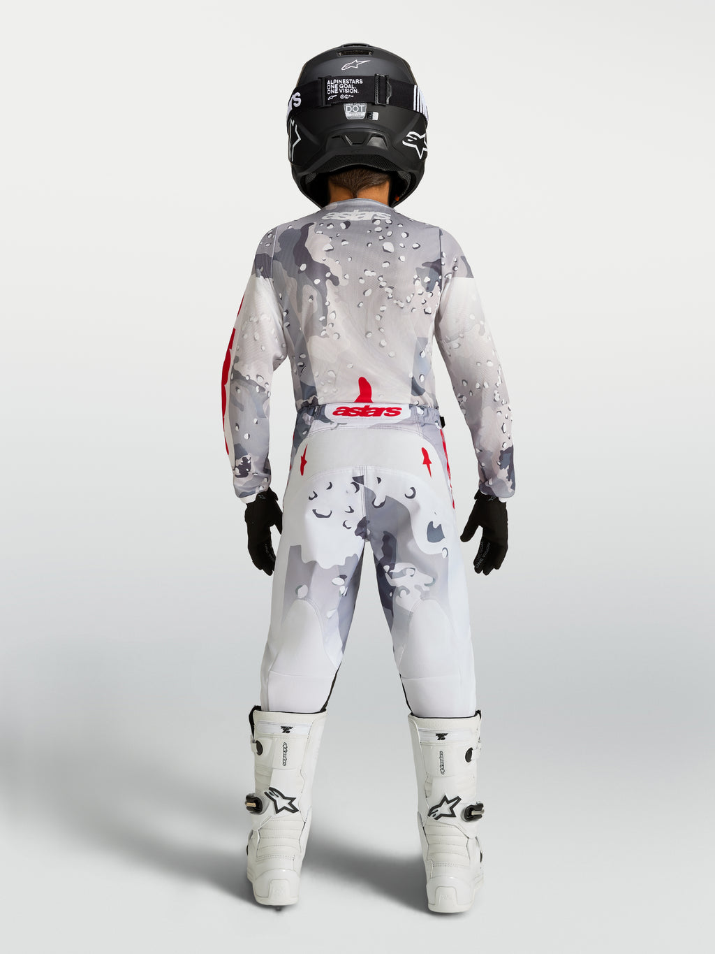 Alpinestars 2027 Youth Fluid Lone Jersey and Gear Set, gray camo and white motocross gear with fire red accents, back view.