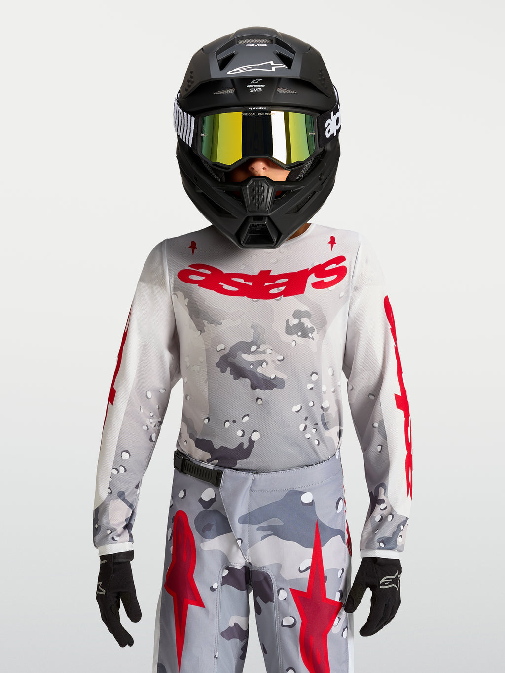 Alpinestars Koszulka Fluid Lone Młodzieżowe 2027, szary kamuflaż i czerwony, lekka i oddychająca koszulka motocrossowa.