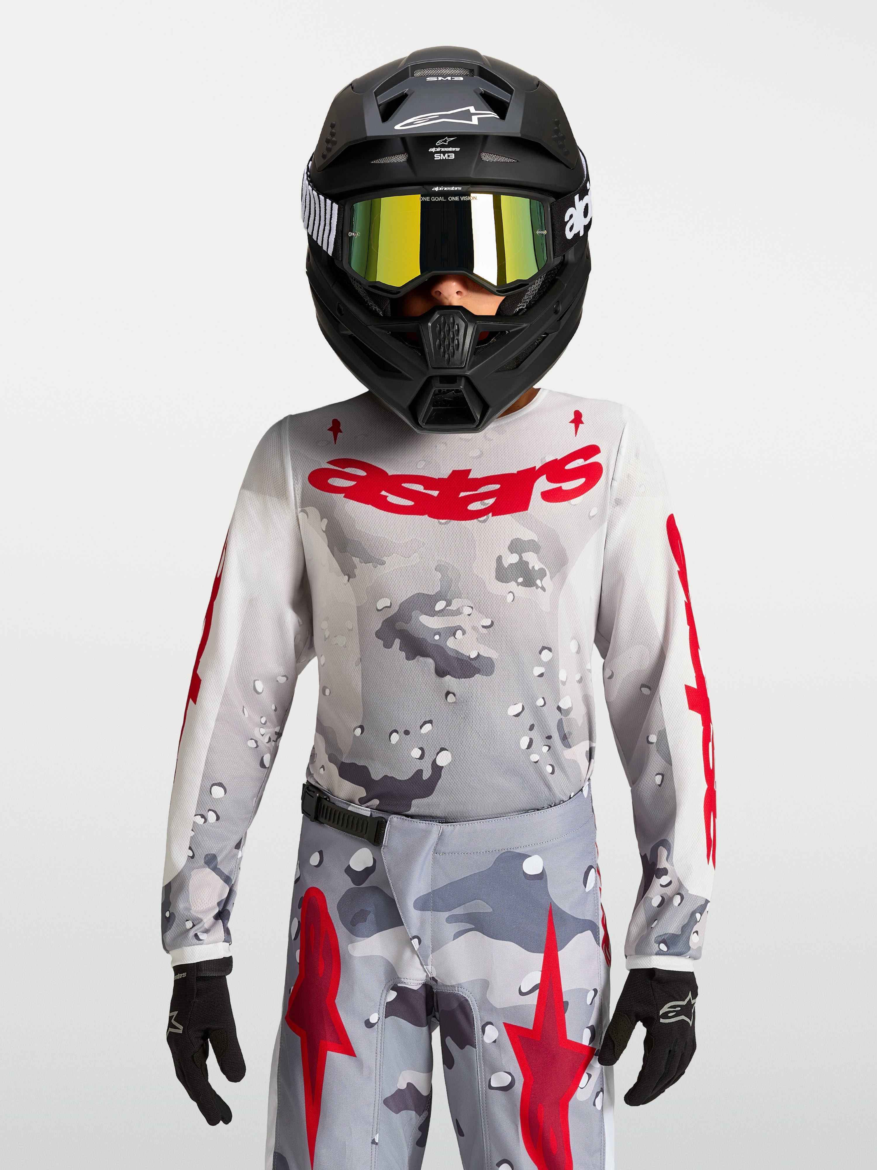 Alpinestars Koszulka Fluid Lone Młodzieżowe 2027, szary kamuflaż i czerwony, lekka i oddychająca koszulka motocrossowa.