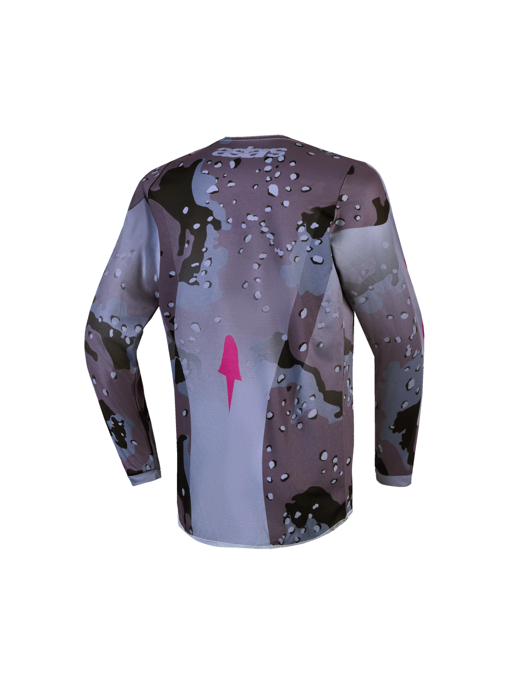 Alpinestars koszulka Fluid Lone młodzieżowa, szare camo i fiolet, widok z tyłu z różowym znakiem, odzież motocrossowa.
