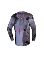 Alpinestars koszulka Fluid Lone młodzieżowa, szare camo i fiolet, widok z tyłu z różowym znakiem, odzież motocrossowa.