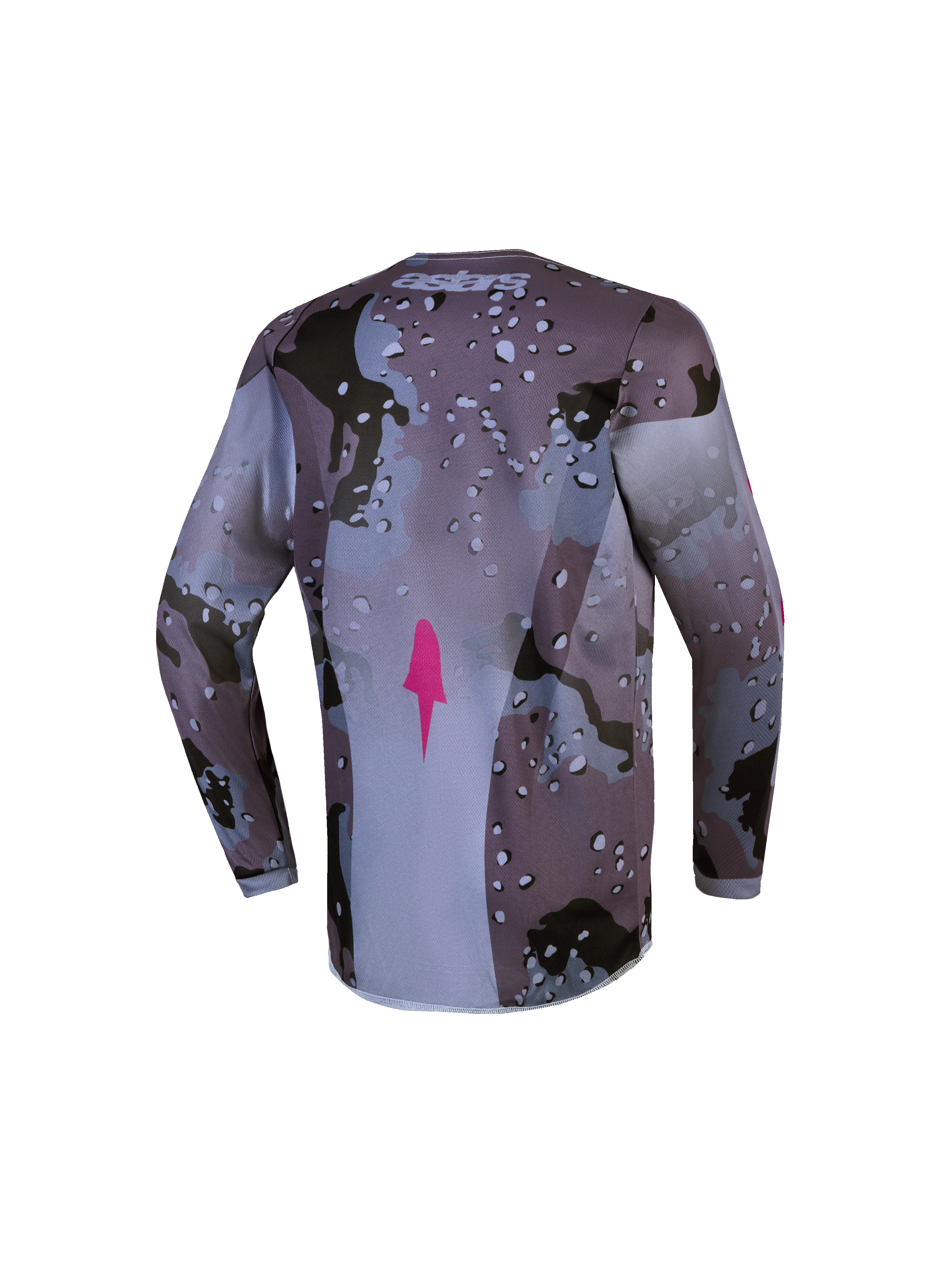 Alpinestars koszulka Fluid Lone młodzieżowa, szare camo i fiolet, widok z tyłu z różowym znakiem, odzież motocrossowa.