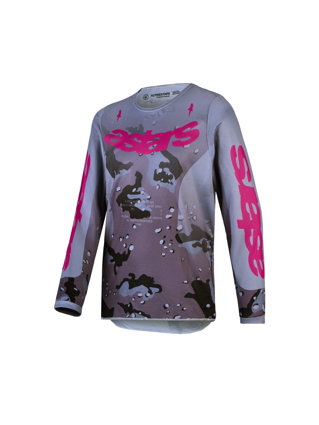 Koszulka Alpinestars Fluid Lone Młodzieżowe, szary kamuflaż i fioletowe logo, lekki oddychający materiał do motocrossu.