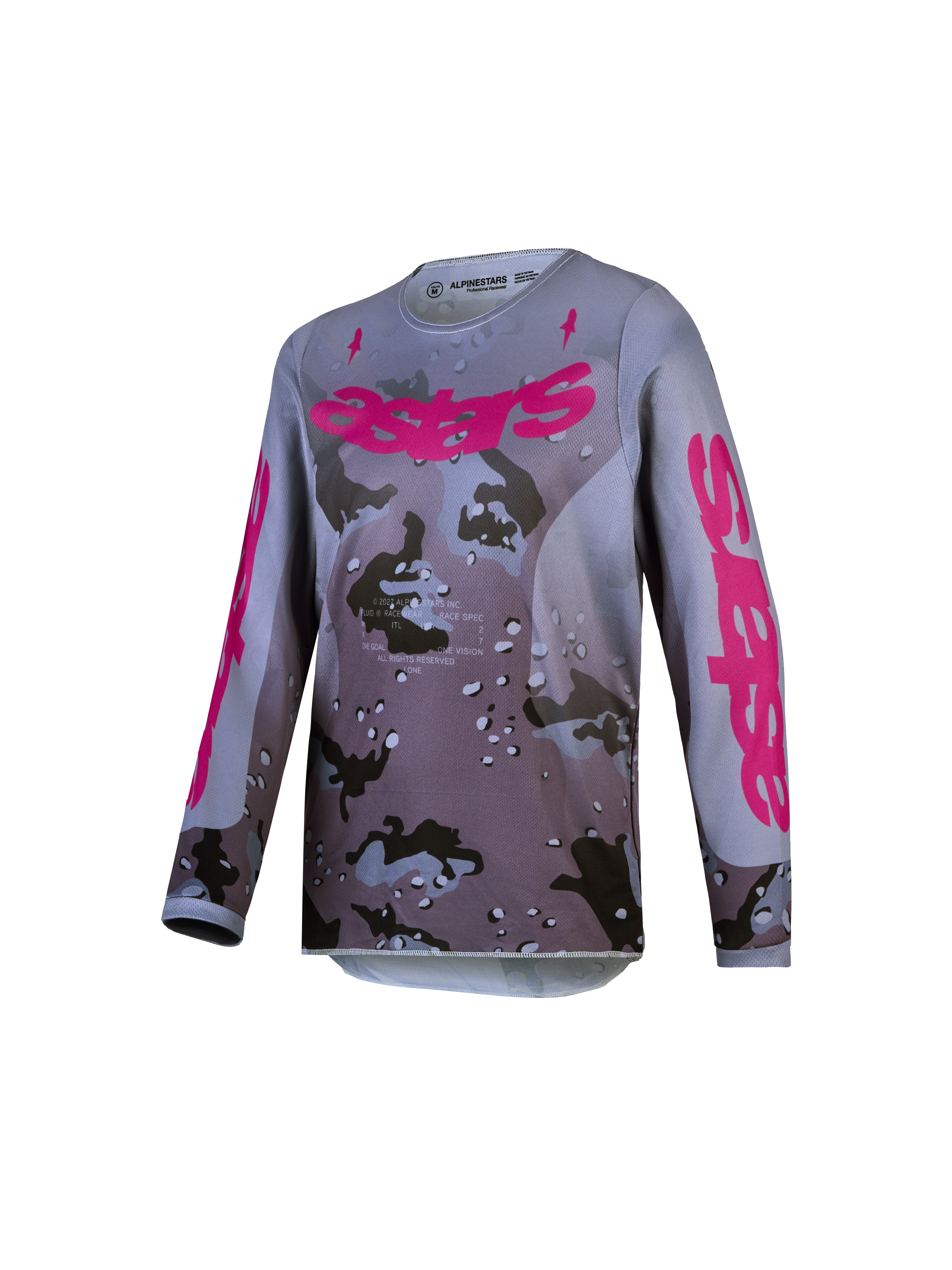 Koszulka Alpinestars Fluid Lone Młodzieżowe, szary kamuflaż i fioletowe logo, lekki oddychający materiał do motocrossu.