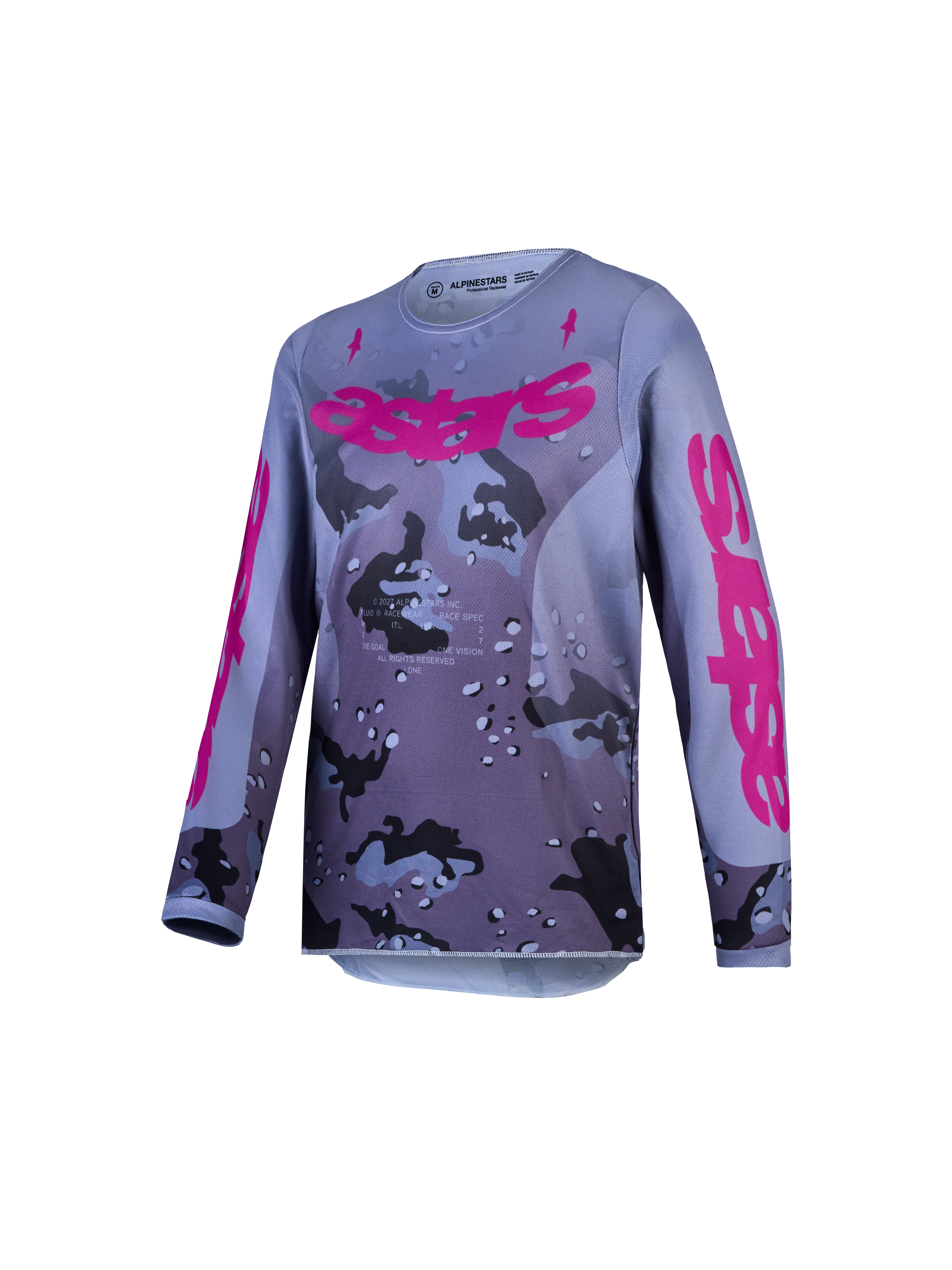 Alpinestars Koszulka Fluid Lone Młodzieżowe, koszulka motocrossowa, szary kamuflaż i fioletowy, oddychający poliester