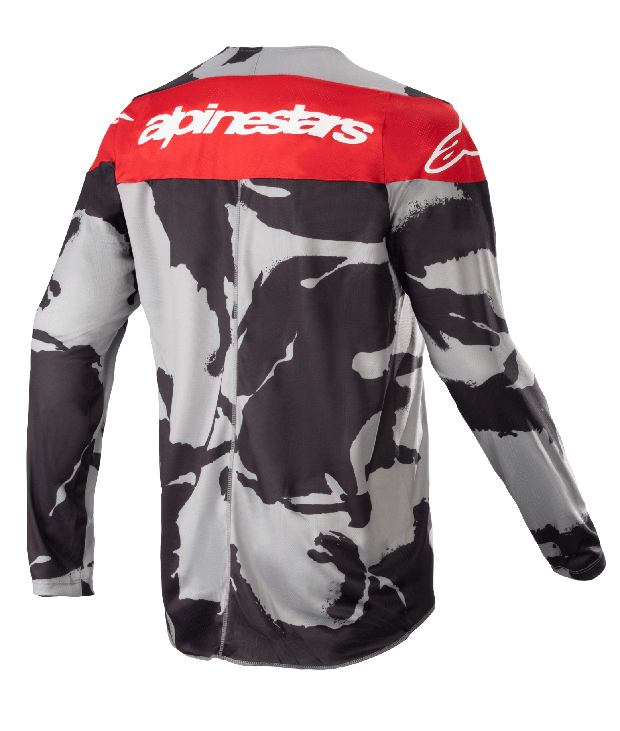 Alpinestars Youth 2023 Racer Tactical Jersey, koszulka motocrossowa, szary kamuflaż i czerwień Mars Red, widok z tyłu z czerwonym panelem na ramionach i białym logo Alpinestars, abstrakcyjny czarno-szary wzór kamuflażu, lekki materiał odprowadzający wilgoć do jazdy off-road