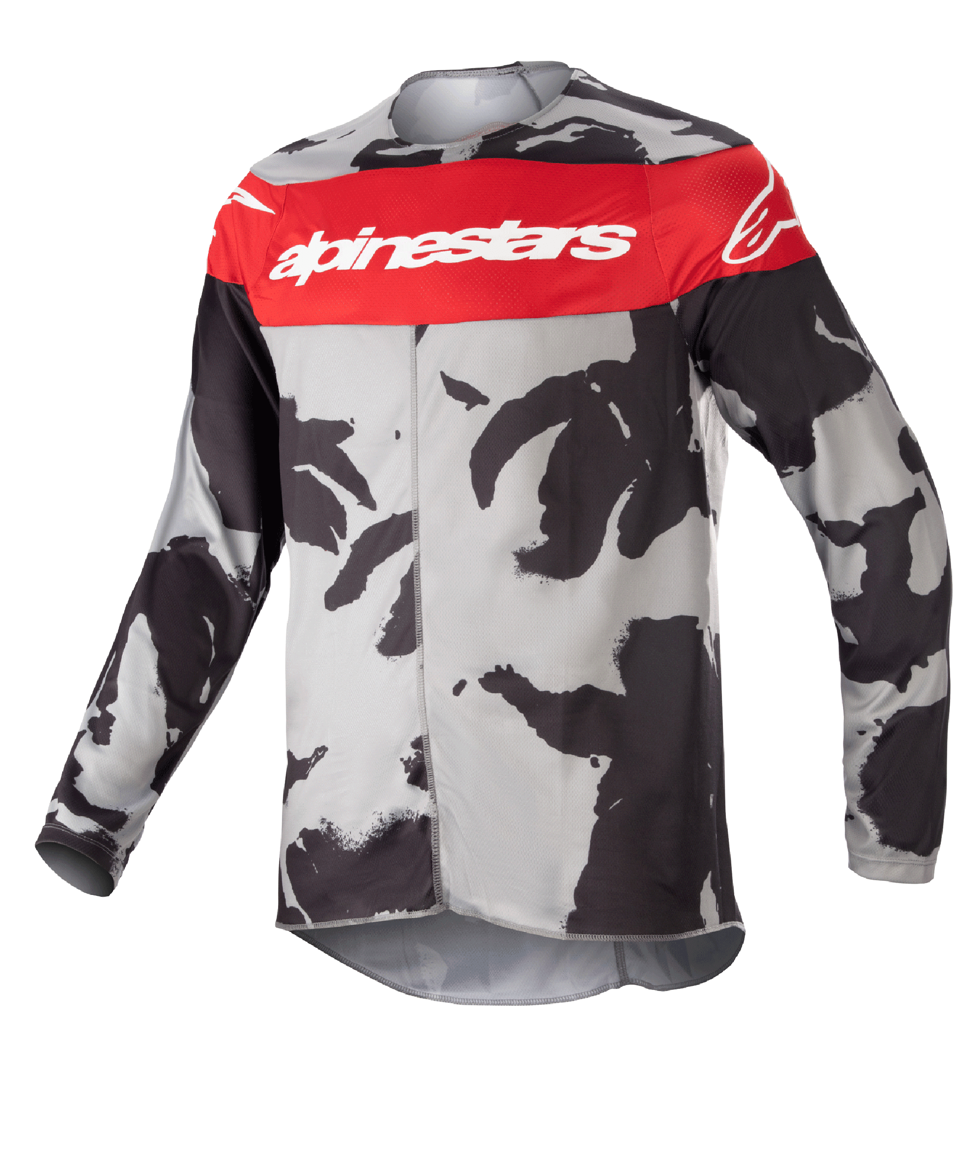 Alpinestars Youth 2023 Racer Tactical Jersey, młodzieżowa koszulka motocrossowa, kolorystyka Cast Gray Camo i Mars Red, poziomy czerwony pas na piersi z białym logo Alpinestars, szaro-czarny wzór moro, lekki materiał odprowadzający wilgoć do jazdy terenowej
