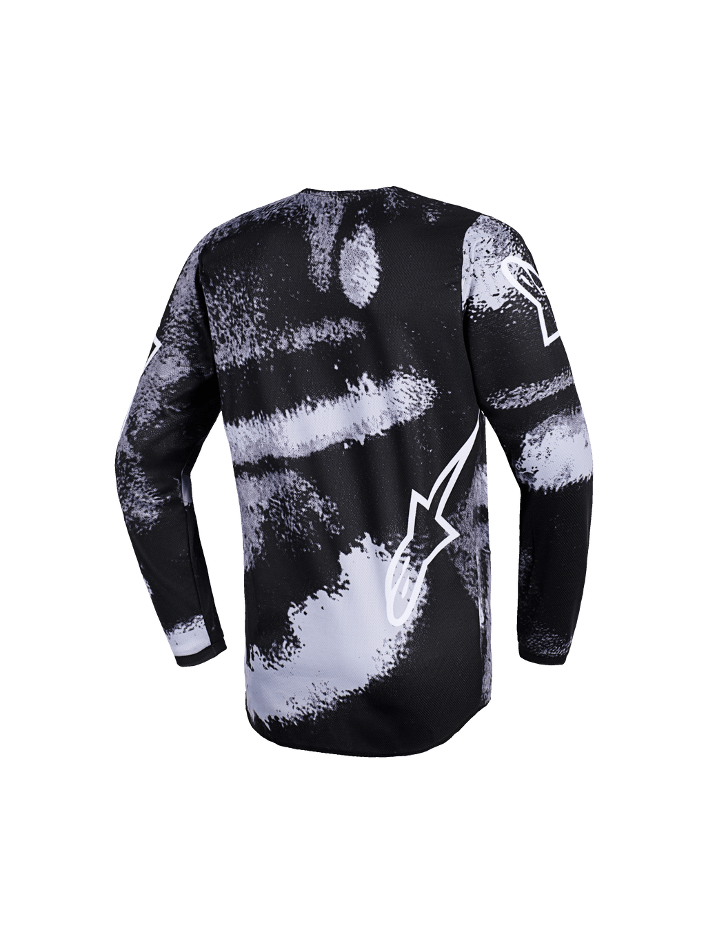 Alpinestars 2026 Youth Fluid Lahnd Jersey, koszulka motocrossowa młodzieżowa, czarno-biały wzór Iron Camo z motywem pociągnięć pędzla, widok z tyłu, długie rękawy, biały kontur logo Alpinestars, profesjonalna odzież off-road