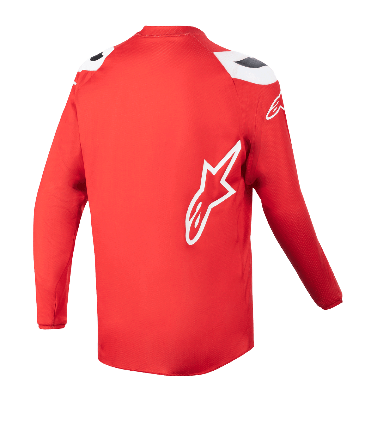 Alpinestars Youth Racer Narin Jersey 2023, koszulka motocrossowa, czerwona (Mars Red) i biała, widok z tyłu pokazujący przedłużony tył, białe logo gwiazdy Alpinestars na boku, wyczynowa odzież off-road