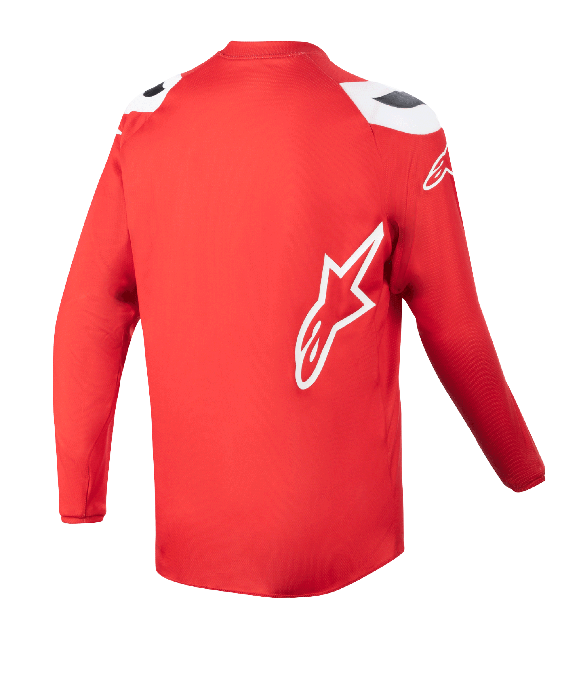 Alpinestars Youth 2023 Racer Narin Jersey, Motocross Jersey, Mars Red and White, back view showing extended rear hem, white Alpinestars star logo on side, performance off-road apparel
