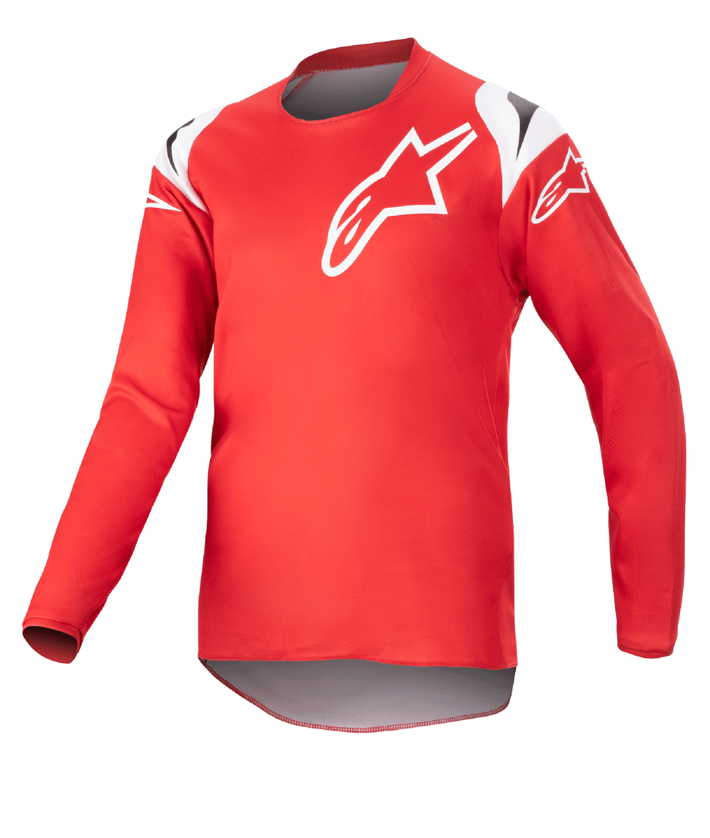 Alpinestars Youth 2023 Racer Narin Jersey, Motocross Jersey, Mars Red and White, featuring a large white star logo on the chest and shoulder accents, lightweight long-sleeve performance fabric for off-road racing