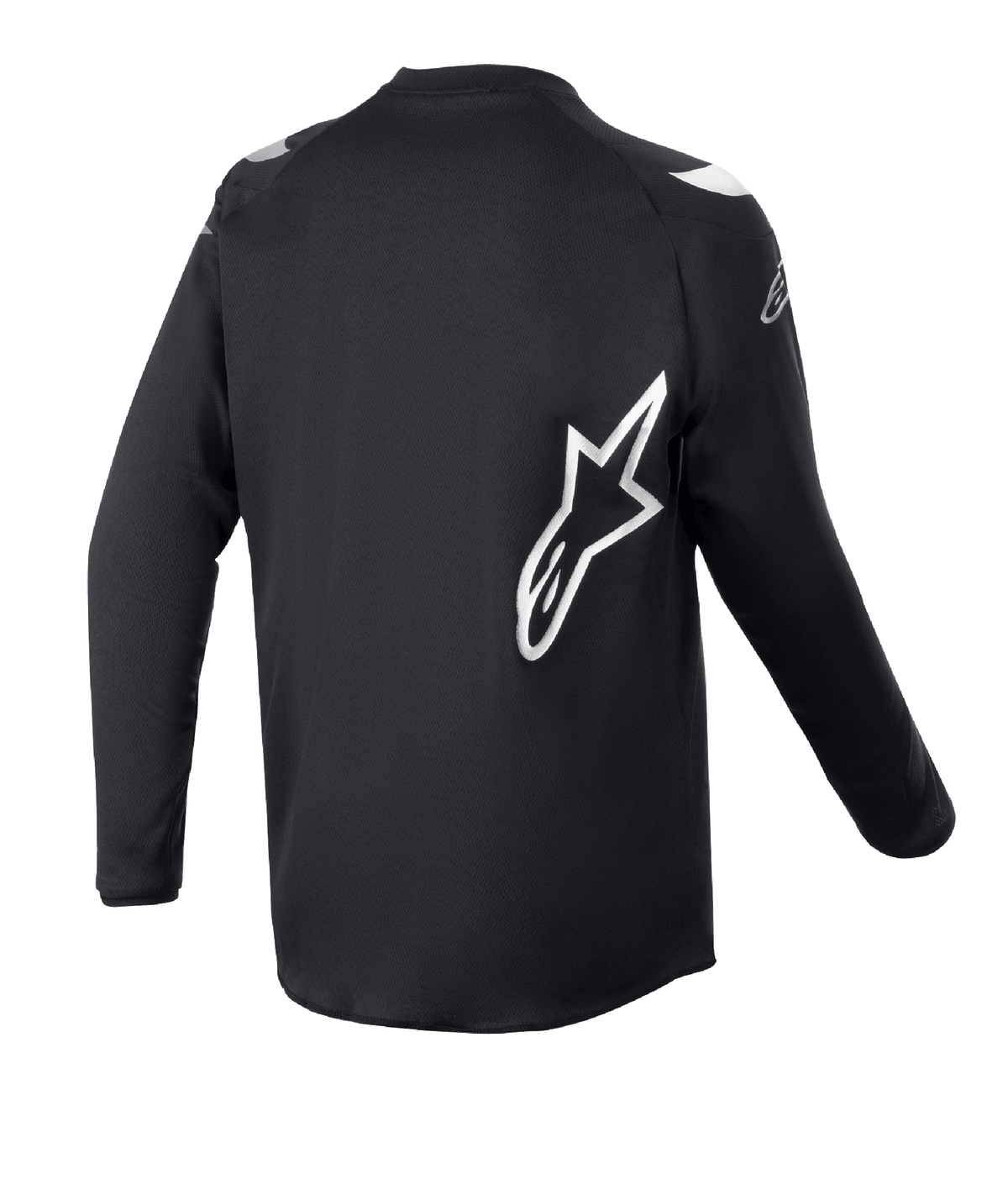 Alpinestars Youth 2023 Racer Graphite Jersey, młodzieżowa koszulka motocrossowa, czarna odblaskowa, widok z tyłu z dużym białym logo gwiazdy Alpinestars, techniczny materiał odprowadzający wilgoć, długie rękawy, wytrzymała odzież off-road