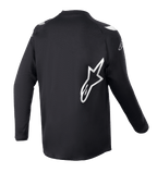 Alpinestars Youth 2023 Racer Graphite Jersey, młodzieżowa koszulka motocrossowa, czarna odblaskowa, widok z tyłu z dużym białym logo gwiazdy Alpinestars, techniczny materiał odprowadzający wilgoć, długie rękawy, wytrzymała odzież off-road