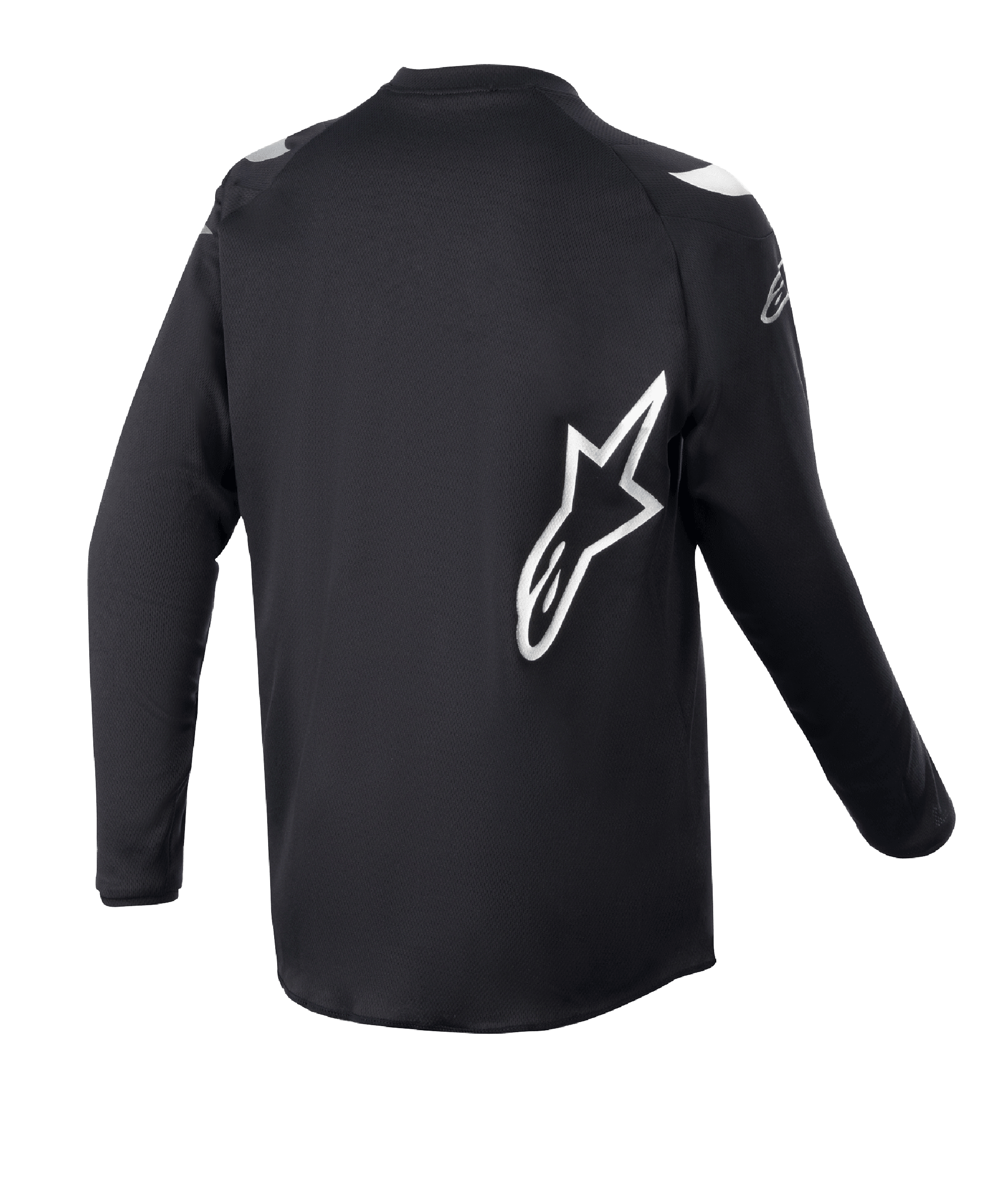 Alpinestars Youth 2023 Racer Graphite Jersey, młodzieżowa koszulka motocrossowa, czarna odblaskowa, widok z tyłu z dużym białym logo gwiazdy Alpinestars, techniczny materiał odprowadzający wilgoć, długie rękawy, wytrzymała odzież off-road