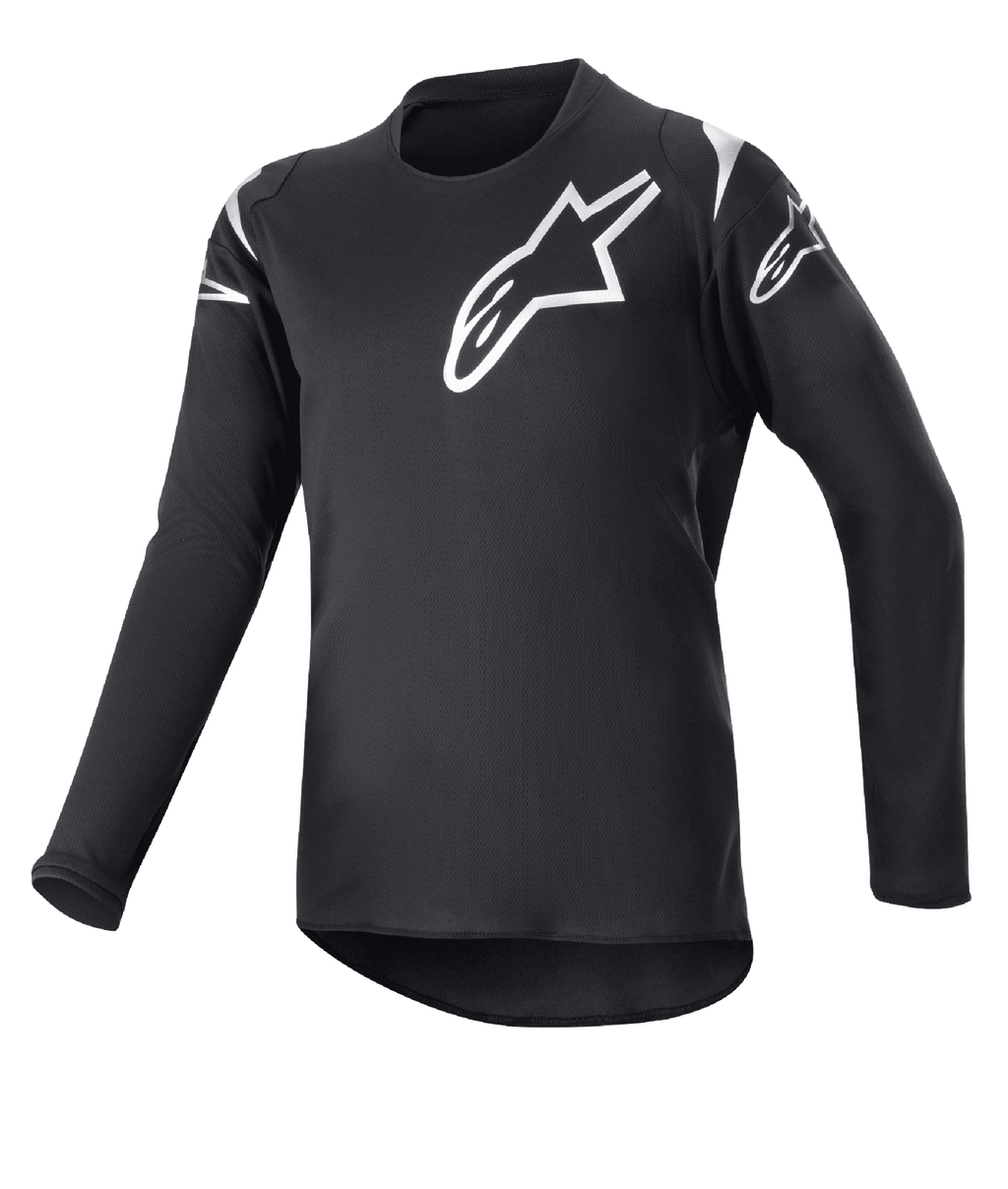 Alpinestars Youth 2023 Racer Graphite Jersey, młodzieżowa koszulka motocrossowa, czarna i odblaskowa czerń, białe logo z gwiazdą na piersi i ramionach, długi rękaw, lekki materiał odprowadzający wilgoć, wydłużony tył, sportowy design