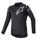 Alpinestars Youth 2023 Racer Graphite Jersey, młodzieżowa koszulka motocrossowa, czarna i odblaskowa czerń, białe logo z gwiazdą na piersi i ramionach, długi rękaw, lekki materiał odprowadzający wilgoć, wydłużony tył, sportowy design
