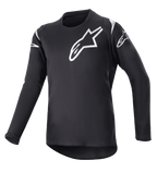 Alpinestars Youth 2023 Racer Graphite Jersey, młodzieżowa koszulka motocrossowa, czarna i odblaskowa czerń, białe logo z gwiazdą na piersi i ramionach, długi rękaw, lekki materiał odprowadzający wilgoć, wydłużony tył, sportowy design
