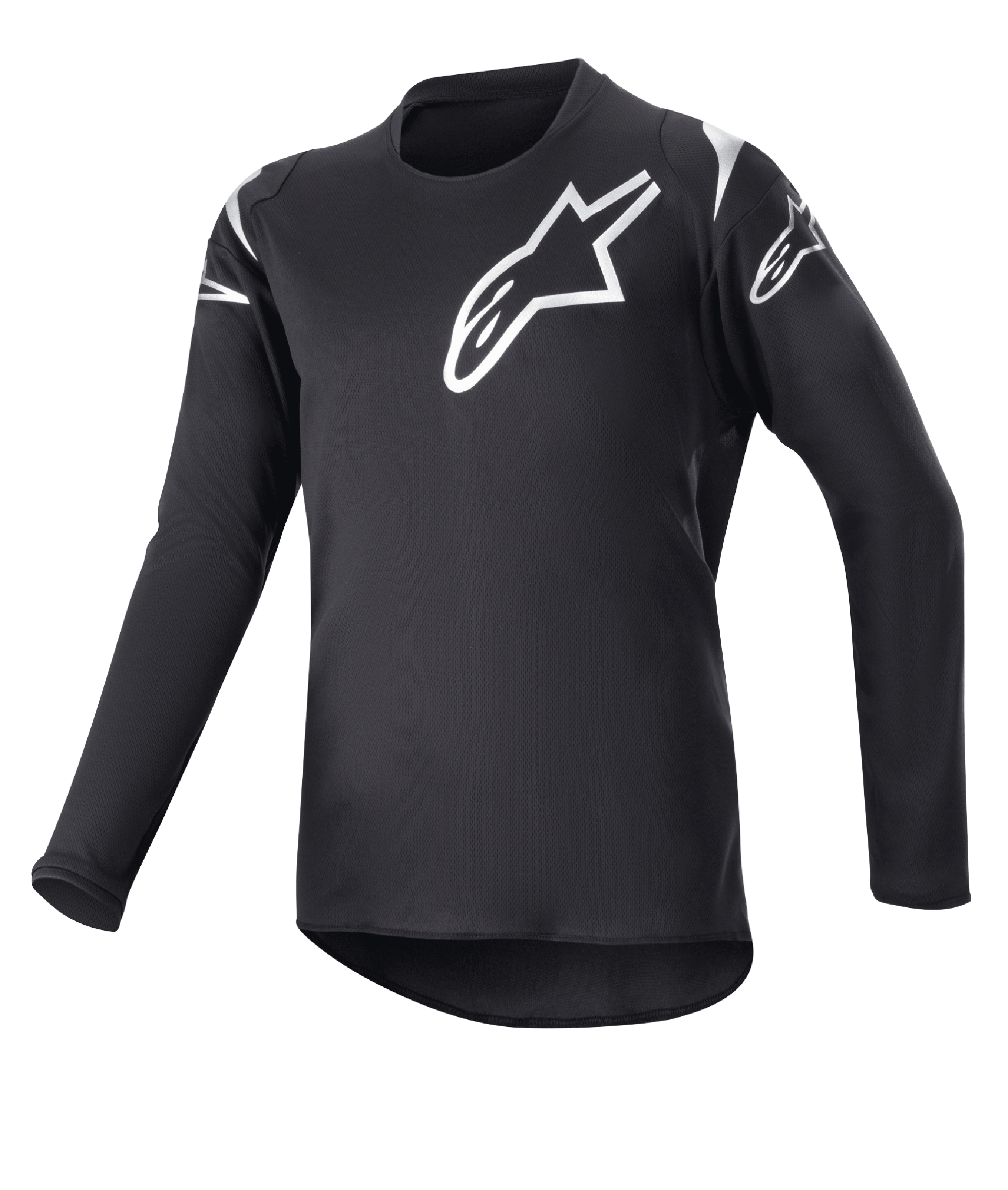 Alpinestars Youth 2023 Racer Graphite Jersey, młodzieżowa koszulka motocrossowa, czarna i odblaskowa czerń, białe logo z gwiazdą na piersi i ramionach, długi rękaw, lekki materiał odprowadzający wilgoć, wydłużony tył, sportowy design
