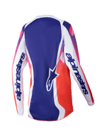 Alpinestars Stella Fluid Wurx Jersey 2025, damska koszulka motocrossowa, wielokolorowa biała z niebieskimi i różowo-pomarańczowymi gradientami, widok z tyłu, białe rękawy z wyraźnym brandingiem, niebieski panel środkowy z logo gwiazdy, sportowy design odprowadzający wilgoć