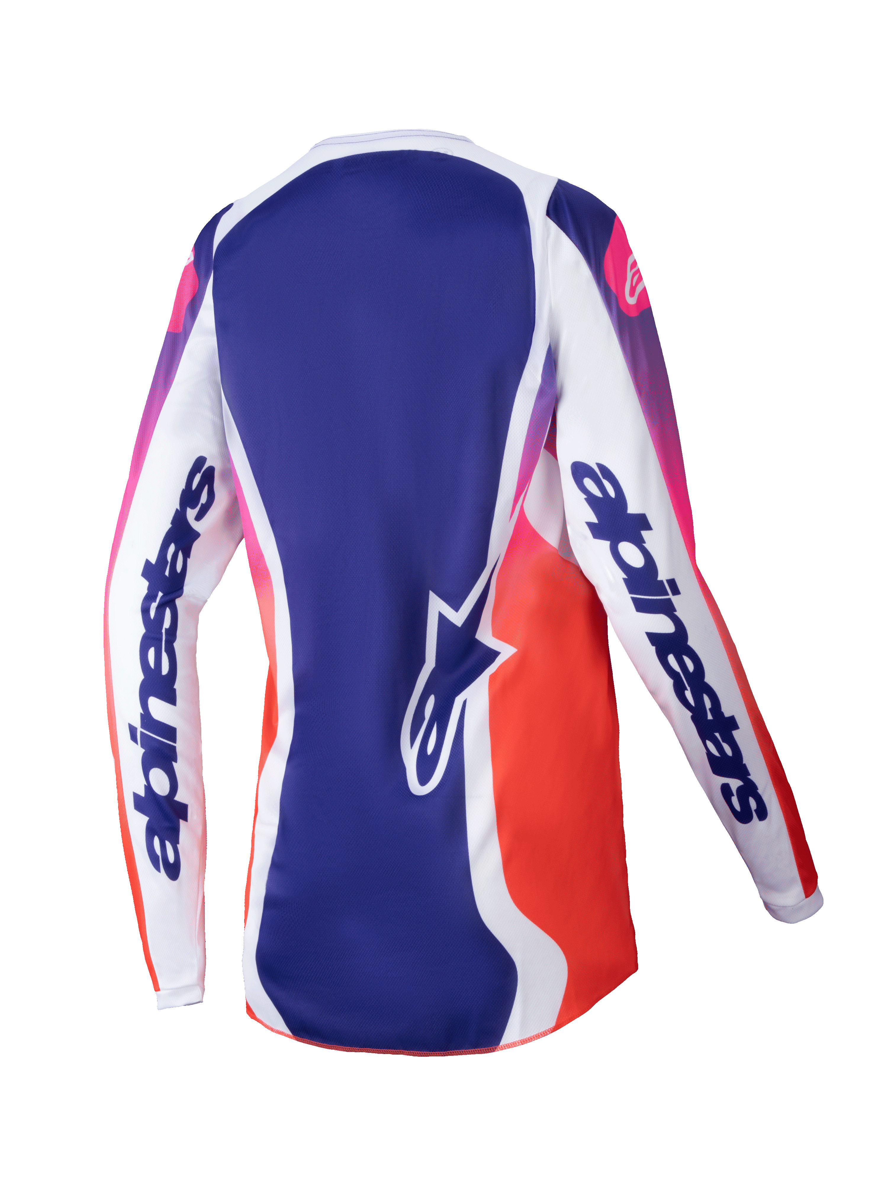 Alpinestars Stella Fluid Wurx Jersey 2025, damska koszulka motocrossowa, wielokolorowa biała z niebieskimi i różowo-pomarańczowymi gradientami, widok z tyłu, białe rękawy z wyraźnym brandingiem, niebieski panel środkowy z logo gwiazdy, sportowy design odprowadzający wilgoć