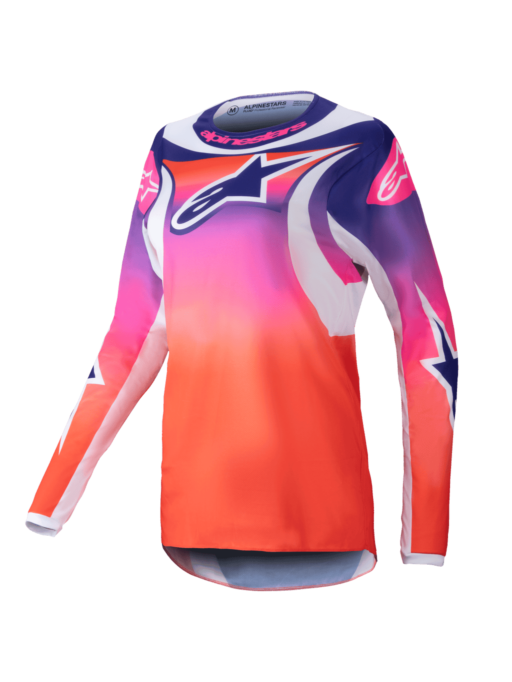 Alpinestars Stella Fluid Wurx 2025, damska koszulka motocrossowa, fioletowo-różowo-pomarańczowy gradient z granatowymi i białymi grafikami gwiazd, sportowy krój z długim rękawem, okrągły dekolt, wyczynowa odzież terenowa