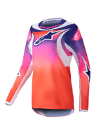 Alpinestars Stella Fluid Wurx 2025, damska koszulka motocrossowa, fioletowo-różowo-pomarańczowy gradient z granatowymi i białymi grafikami gwiazd, sportowy krój z długim rękawem, okrągły dekolt, wyczynowa odzież terenowa