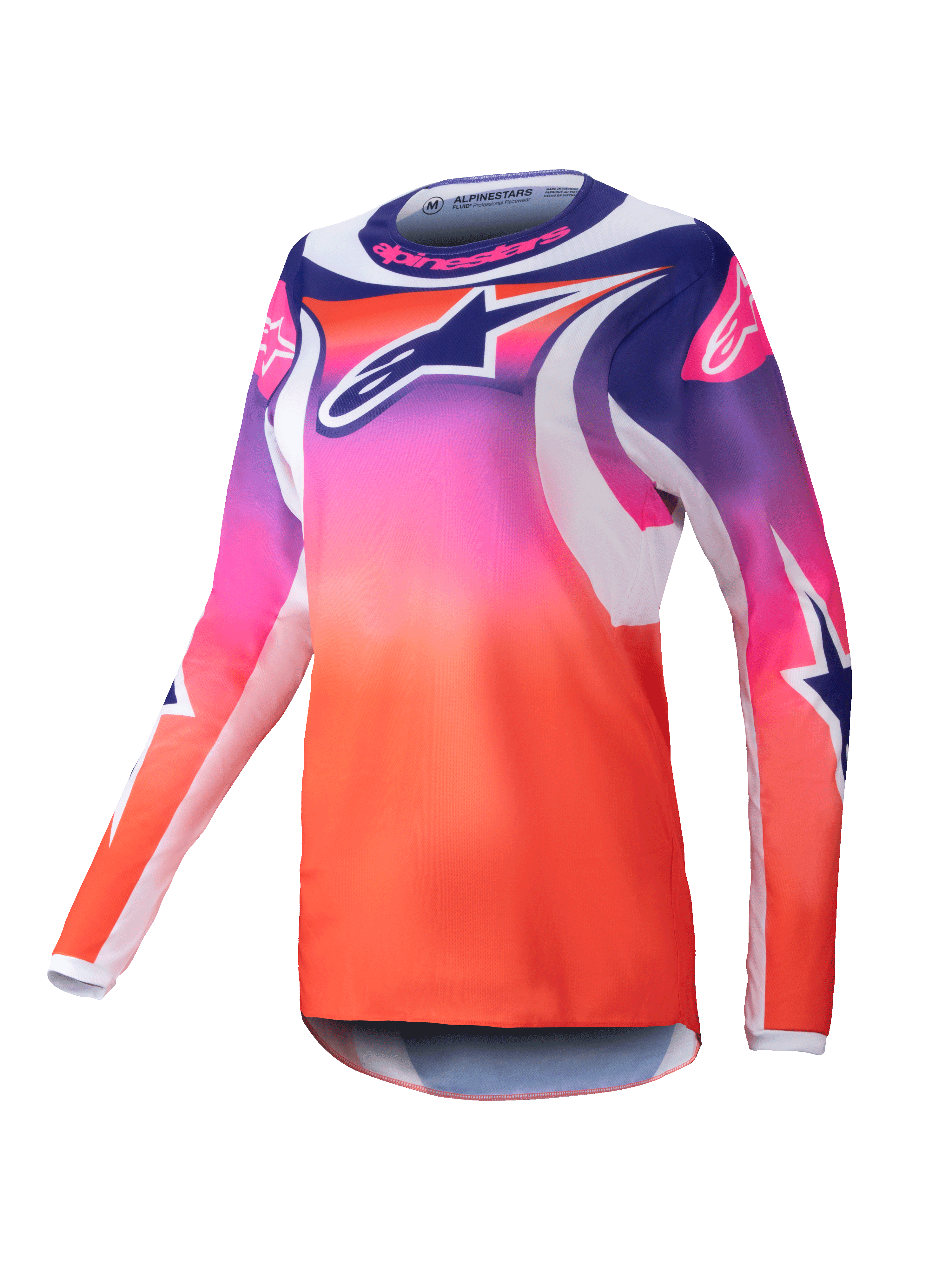 Alpinestars Stella Fluid Wurx 2025, damska koszulka motocrossowa, fioletowo-różowo-pomarańczowy gradient z granatowymi i białymi grafikami gwiazd, sportowy krój z długim rękawem, okrągły dekolt, wyczynowa odzież terenowa