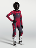 Alpinestars Stella Techstar Swan, damski zestaw motocrossowy i koszulka, karmazynowy i ciemnoszary, białe buty.
