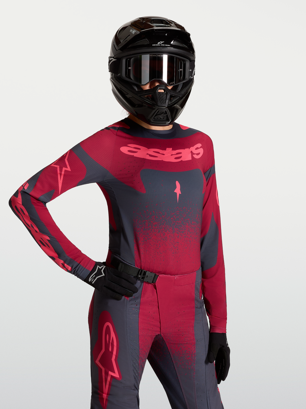 Alpinestars Stella Techstar Swan, damska koszulka motocrossowa, czerwona i ciemnoszara, laserowo wycinana wentylacja, sportowy krój wyścigowy