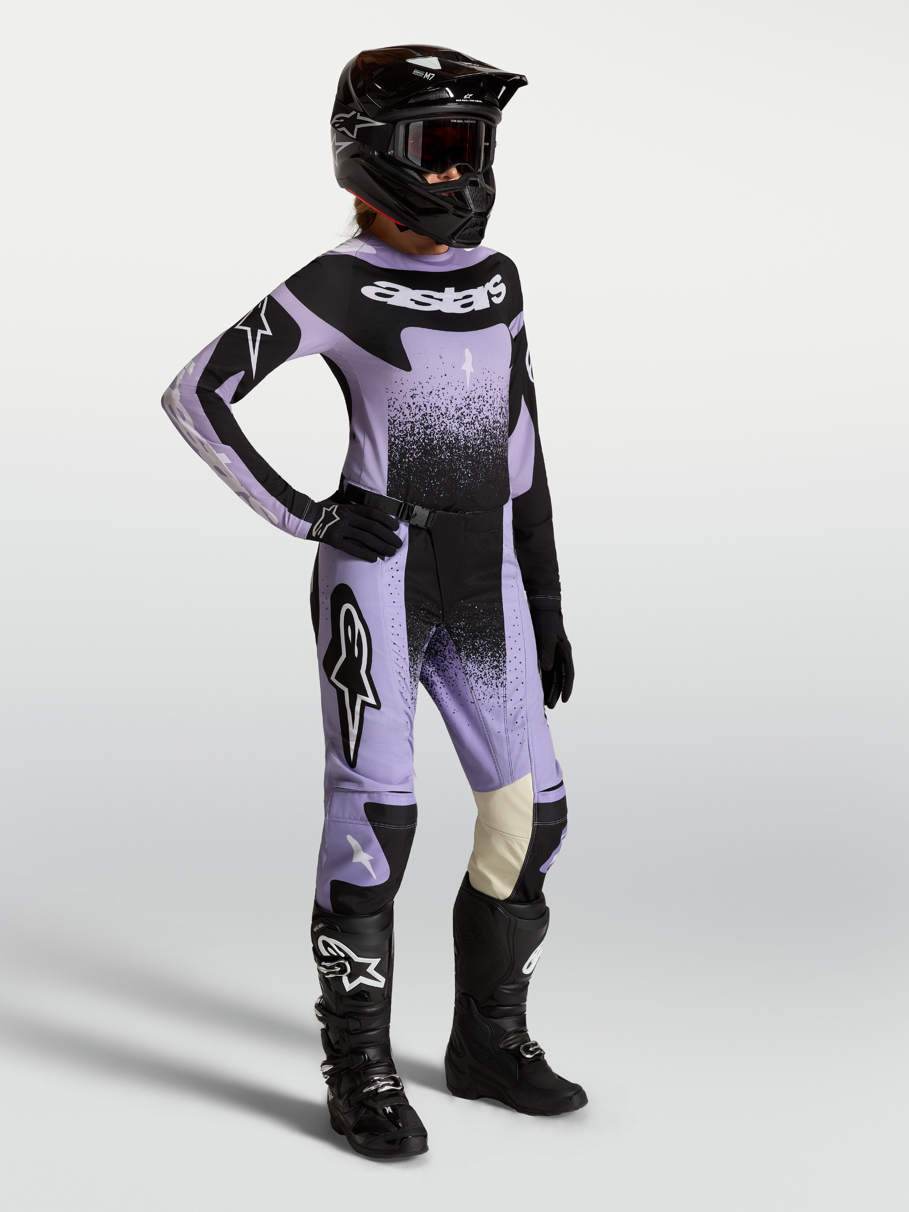 Alpinestars 2027 Stella Techstar Swan Pants, Women's Motocross Gear in Light Violet and Black for off-road performance.