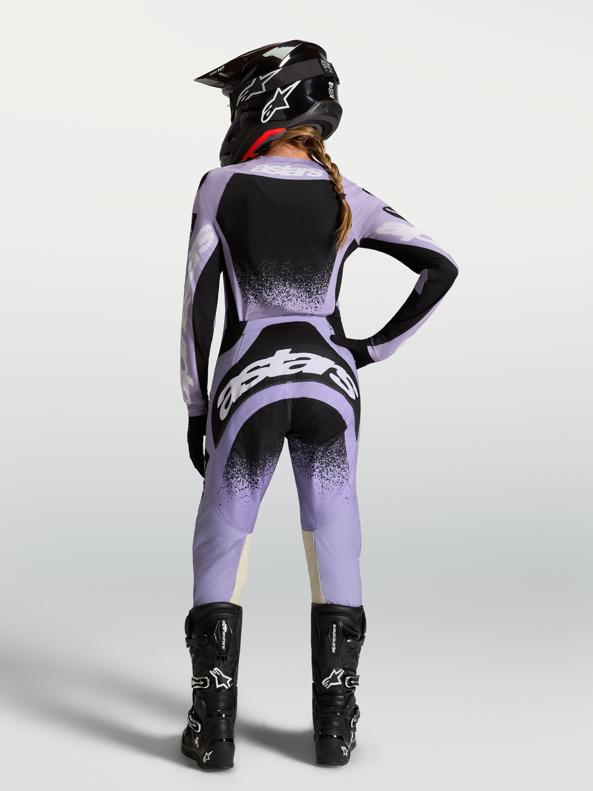 Alpinestars Stella Techstar Swan Jersey AND Gear Set, Women's Motocross Gear, Light Violet and Black, on-model rear view.