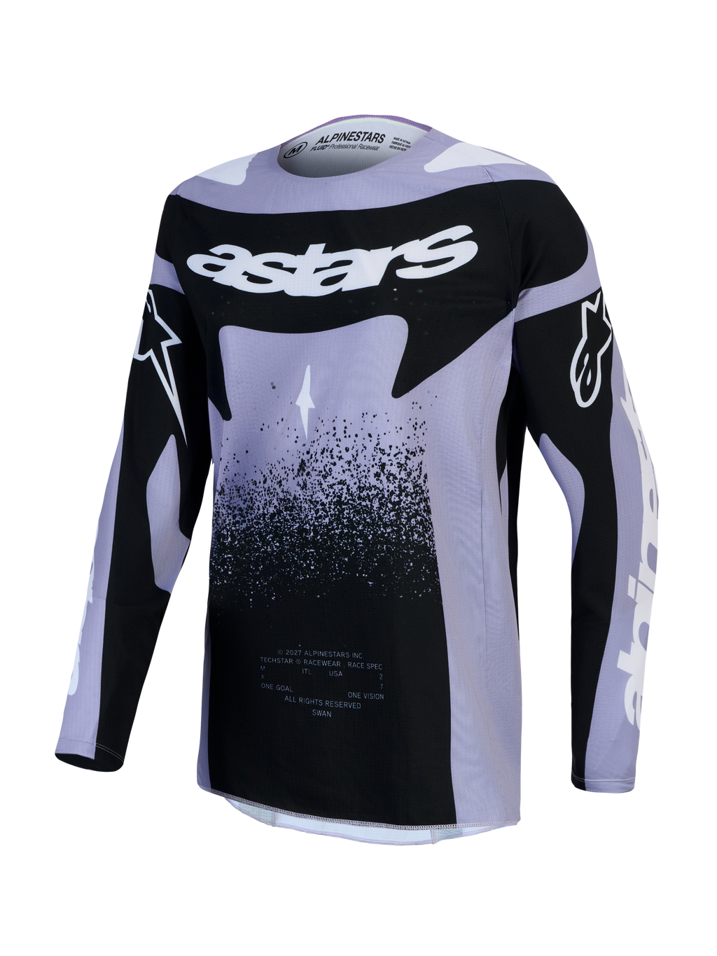 Koszulka Alpinestars Stella Techstar Swan, damska koszulka motocrossowa, jasnofioletowa i czarna, sportowy krój wyścigowy, lekka i wentylowana konstrukcja z grafiką Swan.