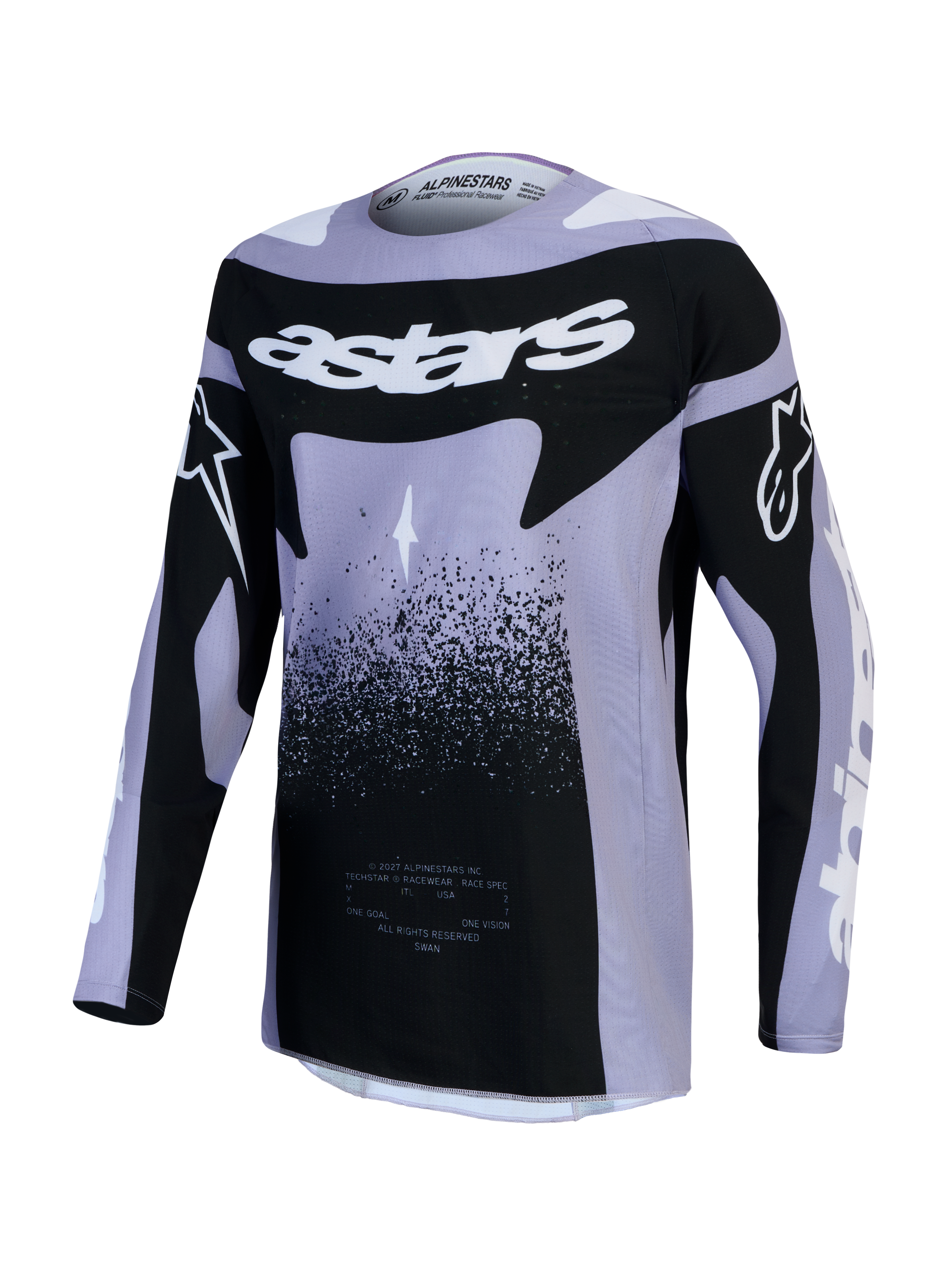 Koszulka Alpinestars Stella Techstar Swan, damska koszulka motocrossowa, jasnofioletowa i czarna, sportowy krój wyścigowy, lekka i wentylowana konstrukcja z grafiką Swan.