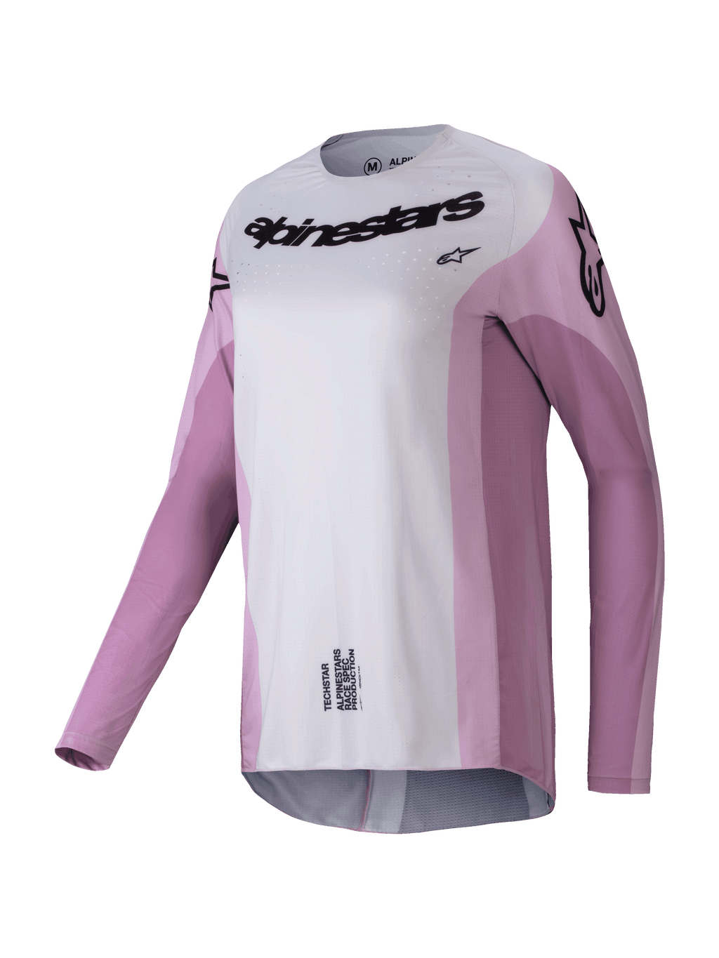 Alpinestars Stella Techstar Melt Jersey 2025, damska koszulka motocrossowa z długim rękawem, pudrowy róż i jasnoszary z czarnym brandingiem, laserowo wycinane perforacje dla wentylacji, sportowa odzież wyścigowa