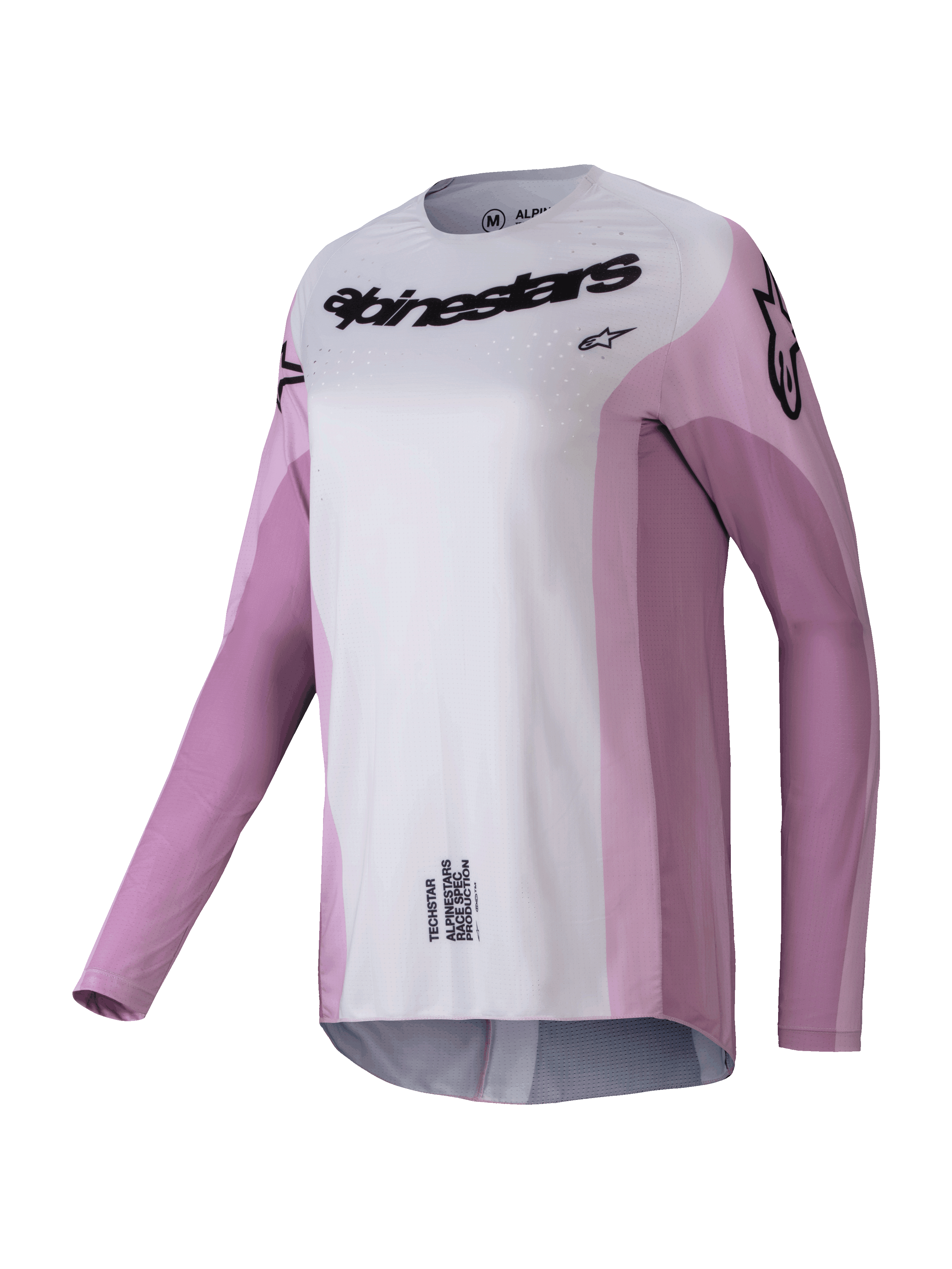 Alpinestars Stella Techstar Melt Jersey 2025, damska koszulka motocrossowa z długim rękawem, pudrowy róż i jasnoszary z czarnym brandingiem, laserowo wycinane perforacje dla wentylacji, sportowa odzież wyścigowa