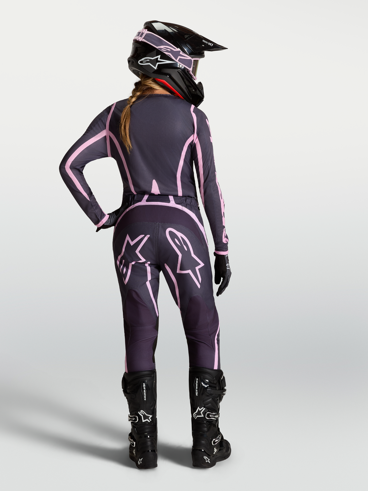 Alpinestars Stella Fluid Apex V2 Jersey and Gear Set, Women's Motocross outfit in Graystone and Old Pink for off-road riding.