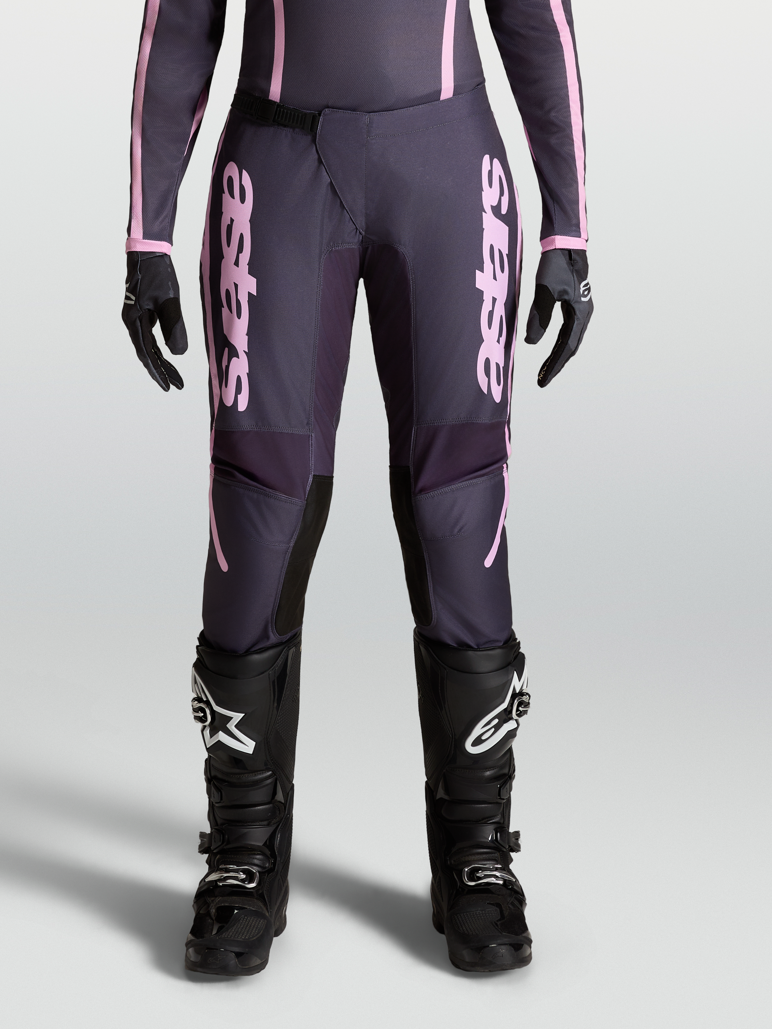 Alpinestars Spodnie Stella Fluid Apex V2, damskie spodnie motocrossowe, szare i różowe, zapięcie na zapadkę, krój off-road