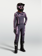 Alpinestars Stella Fluid Apex V2, damskie spodnie i koszulka motocrossowe, szare i różowe, profesjonalna odzież off-road.
