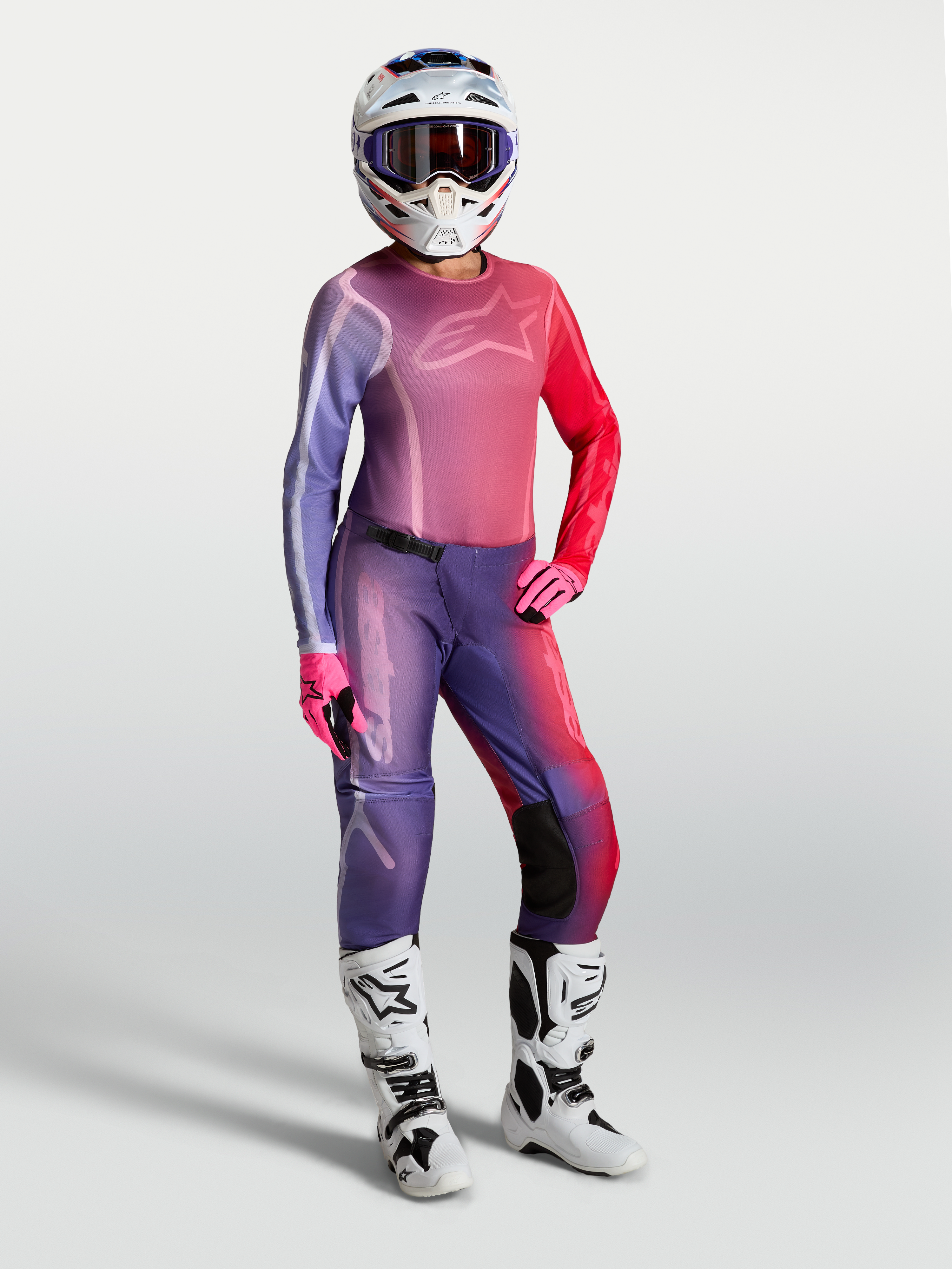 Alpinestars Stella Fluid Kepler Gear Set, damski zestaw motocrossowy, fioletowy i czerwony gradient, spodnie i koszulka.