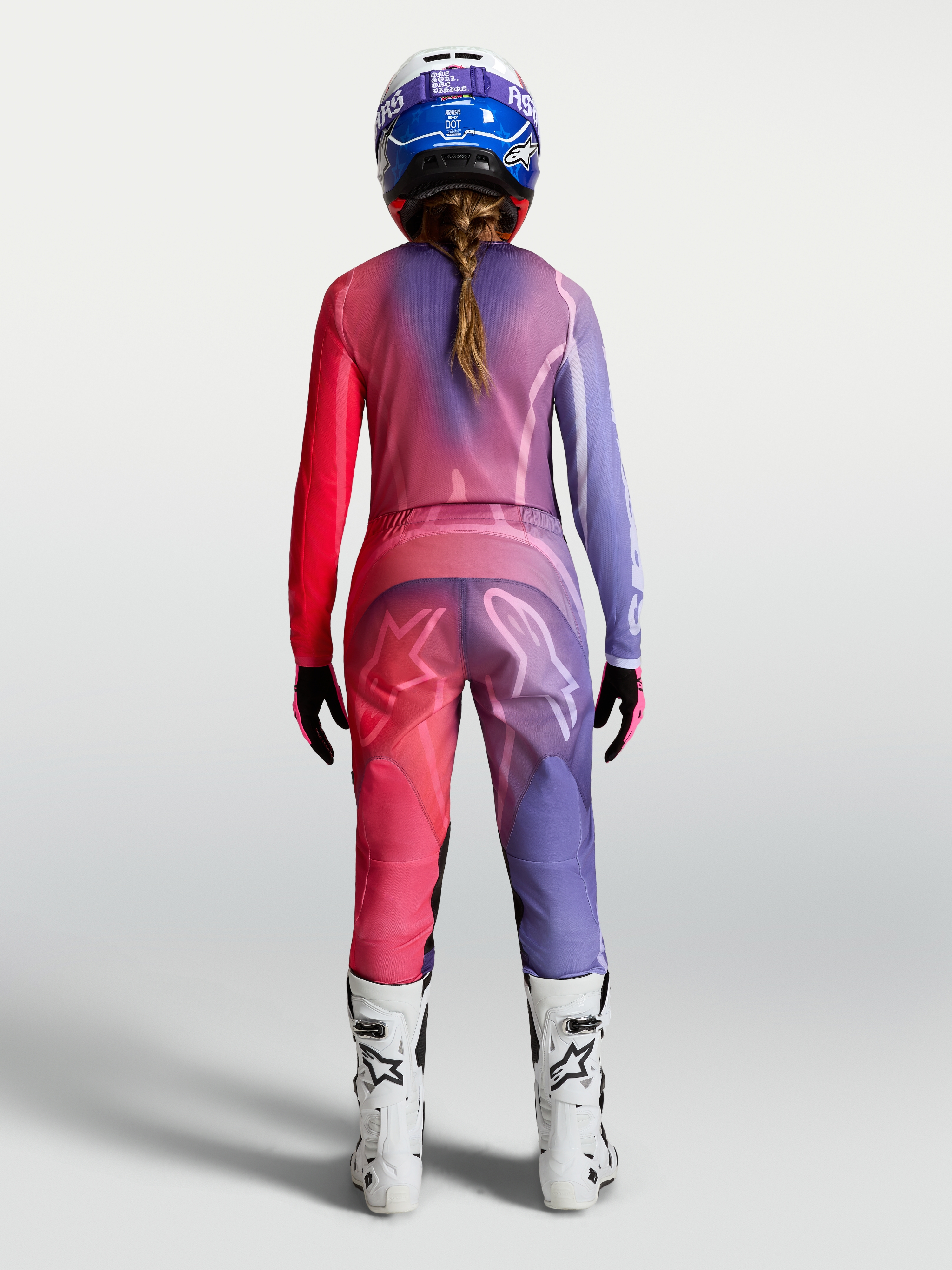 Alpinestars Stella Fluid Kepler, damskie spodnie i zestaw, fioletowy i czerwony, widok z tyłu, odzież off-road.
