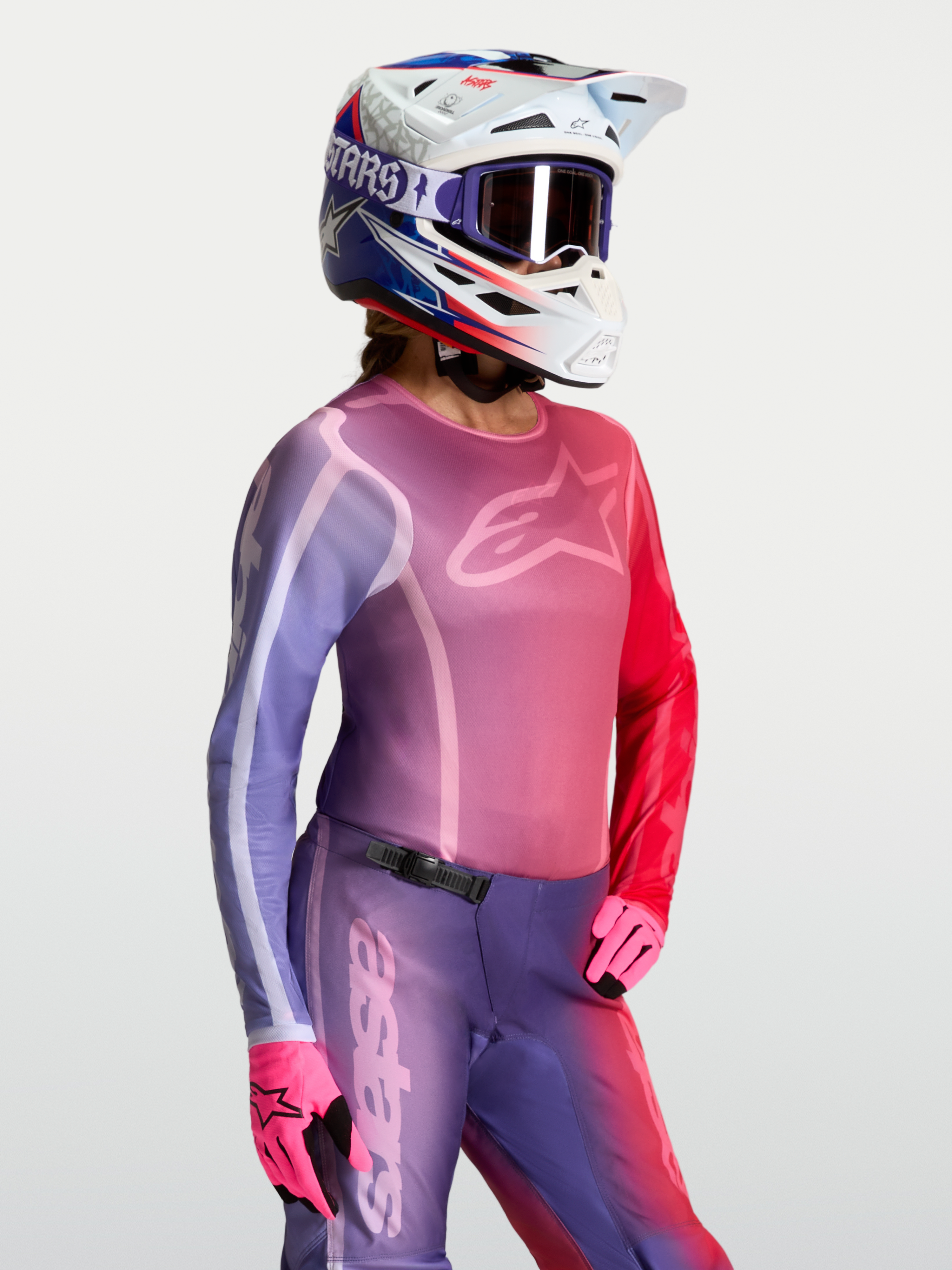 Koszulka Stella Fluid Kepler Alpinestars, damska koszulka MX, fioletowa i czerwona, lekka konstrukcja odprowadzająca wilgoć, sportowy krój off-road