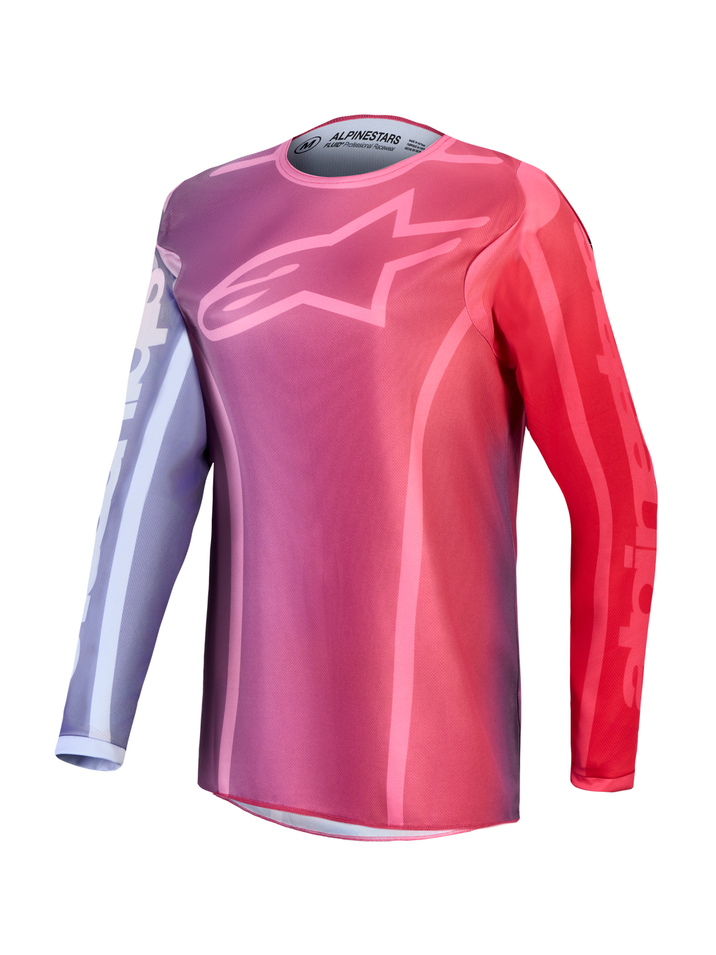 Koszulka Alpinestars Stella Fluid Kepler, damska koszulka motocrossowa, fioletowa i czerwona, logo z gwiazdą na piersi.