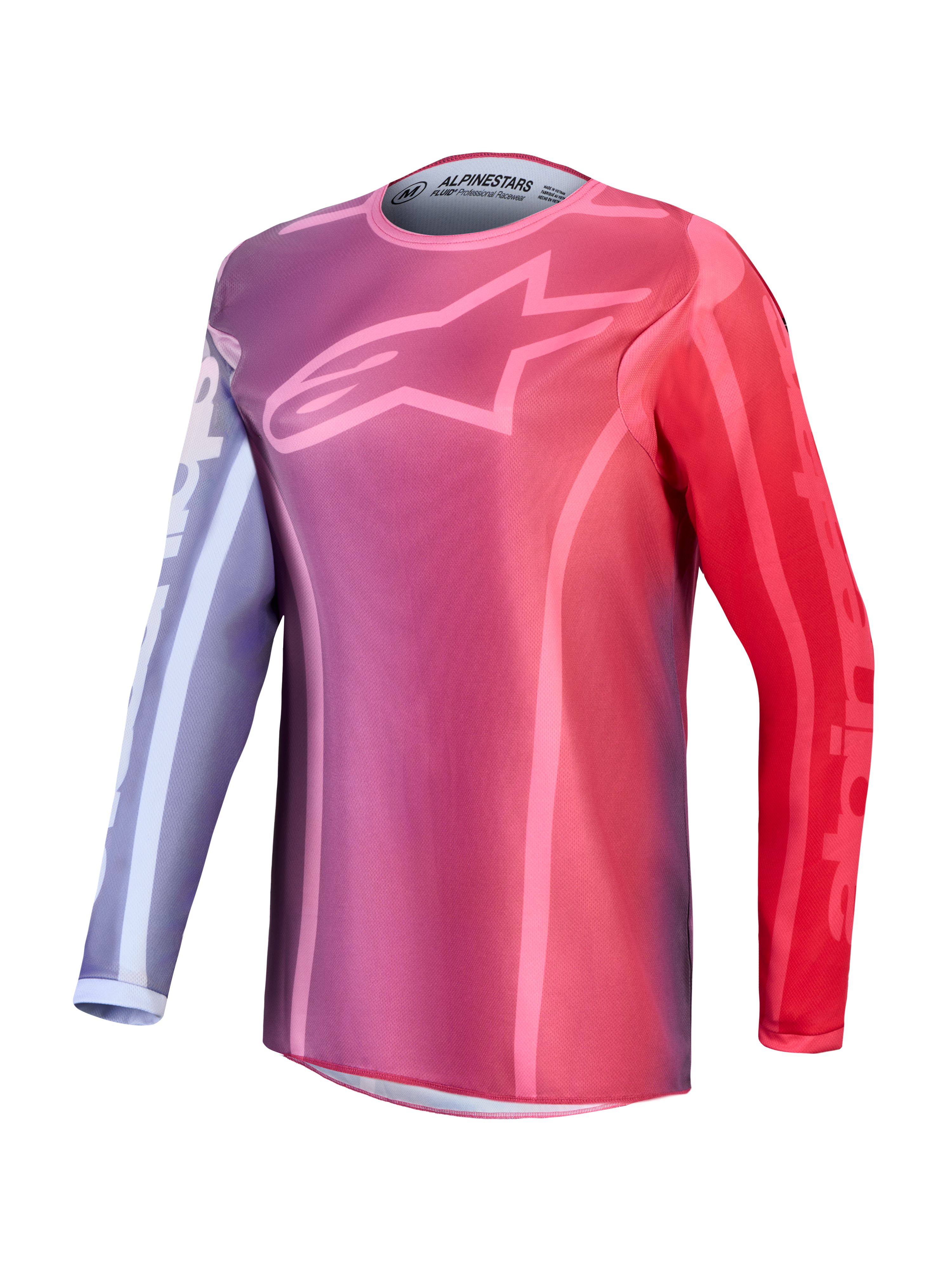 Koszulka Alpinestars Stella Fluid Kepler, damska koszulka motocrossowa, fioletowa i czerwona, logo z gwiazdą na piersi.