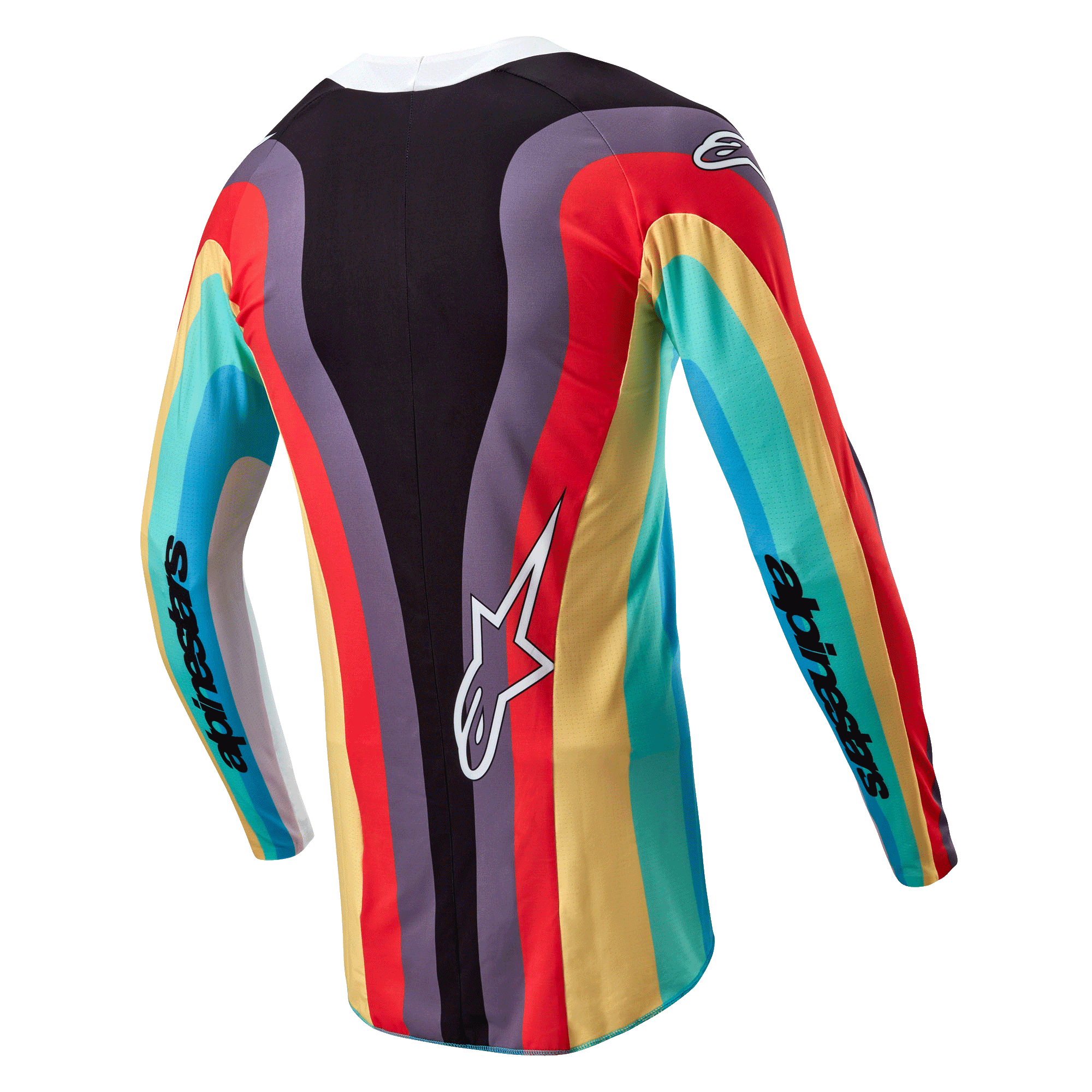 Alpinestars Stella Techstar Jersey 2024 damska, koszulka motocrossowa, czarna wielokolorowa, widok z tyłu z żywym, falistym wzorem w kolorach czerwonym, żółtym i turkusowym, białe logo Astar w dolnej części pleców, branding Alpinestars na rękawach.