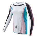 Alpinestars Stella 2024 Techstar Jersey, koszulka motocrossowa, czarny wielokolorowy, biały korpus z różowymi i turkusowymi panelami bocznymi, rękawy w czarne pasy, logo Alpinestars na piersi, sportowy damski krój z perforacjami wentylacyjnymi